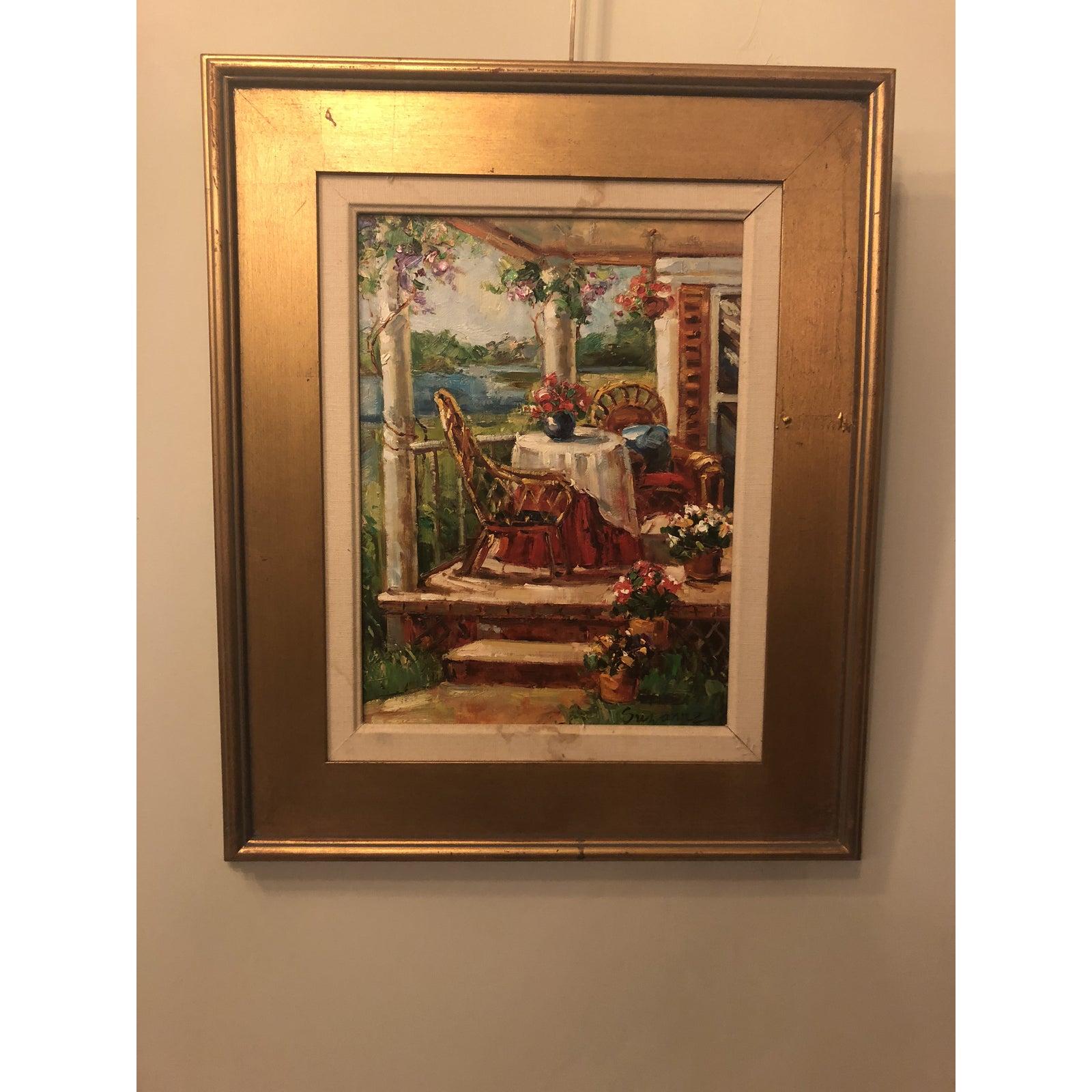 1980s Oil on Canvas Painting of a Home Porch Signed by Artist in Gilt Frame 3