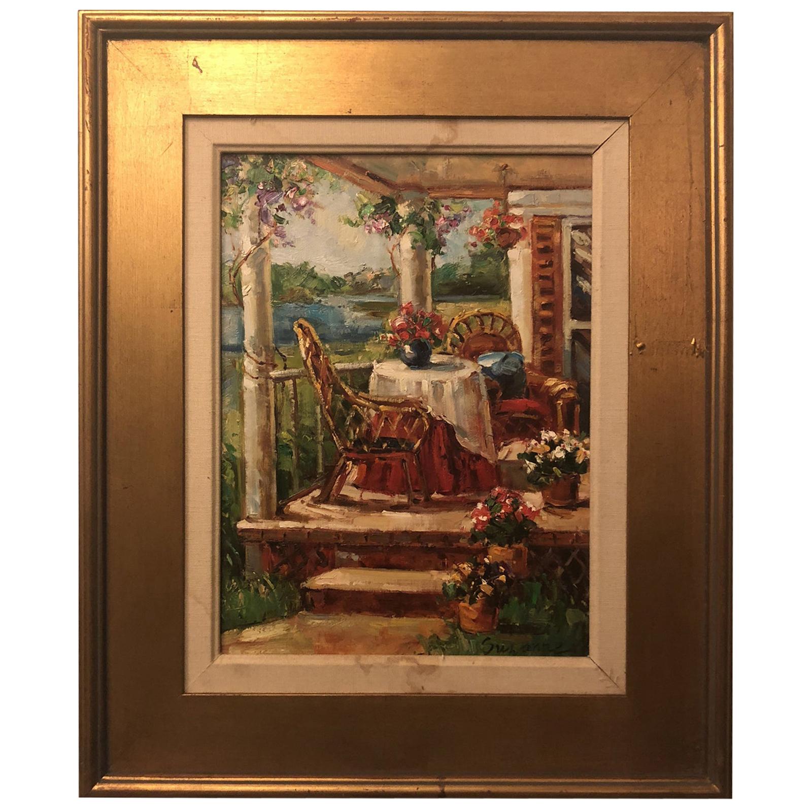 1980s Oil on Canvas Painting of a Home Porch Signed by Artist in Gilt Frame