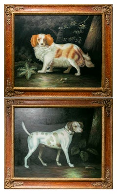 Anni ’80. Coppia di ritratti di cani, olio su tela, firmati da John Gray