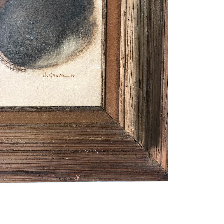 Oil portrait of a lady on canvas in a wood frame. The subject has brunette hair with vibrant green eyes. Signed Jo Grove 1980. Back of the portrait says Hecho in Mexico. Great for a gallery wall, mixed with other portraits.