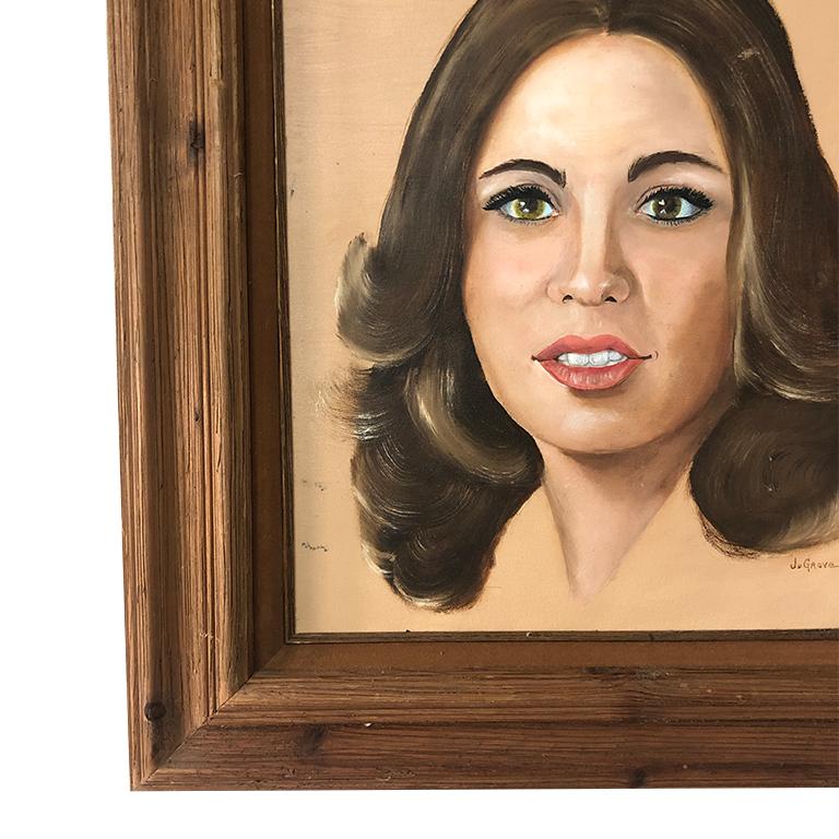 American 1980s Oil Portrait of a Lady with Brunette Hair on Canvas in Wood Frame For Sale