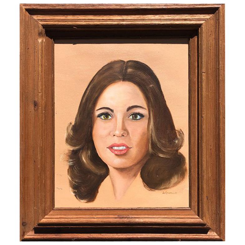 1980er Jahre Ölporträt einer Dame mit Brunettehaar auf Leinwand in Holzrahmen im Angebot