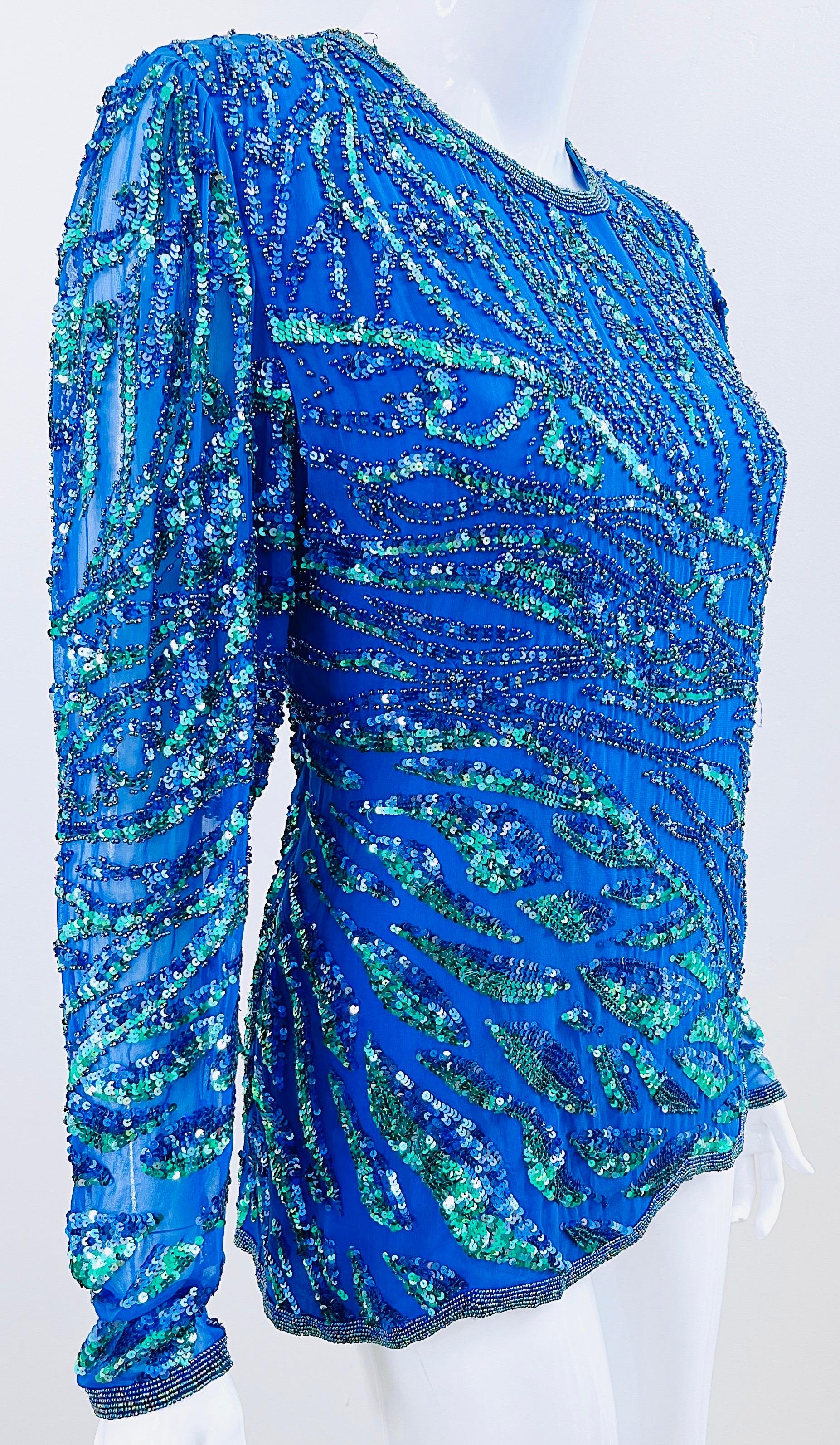 1980s Oleg Cassini Blue + Green Fully Sequin Beaded Size Medium Silk 80s Blouse For Sale 6