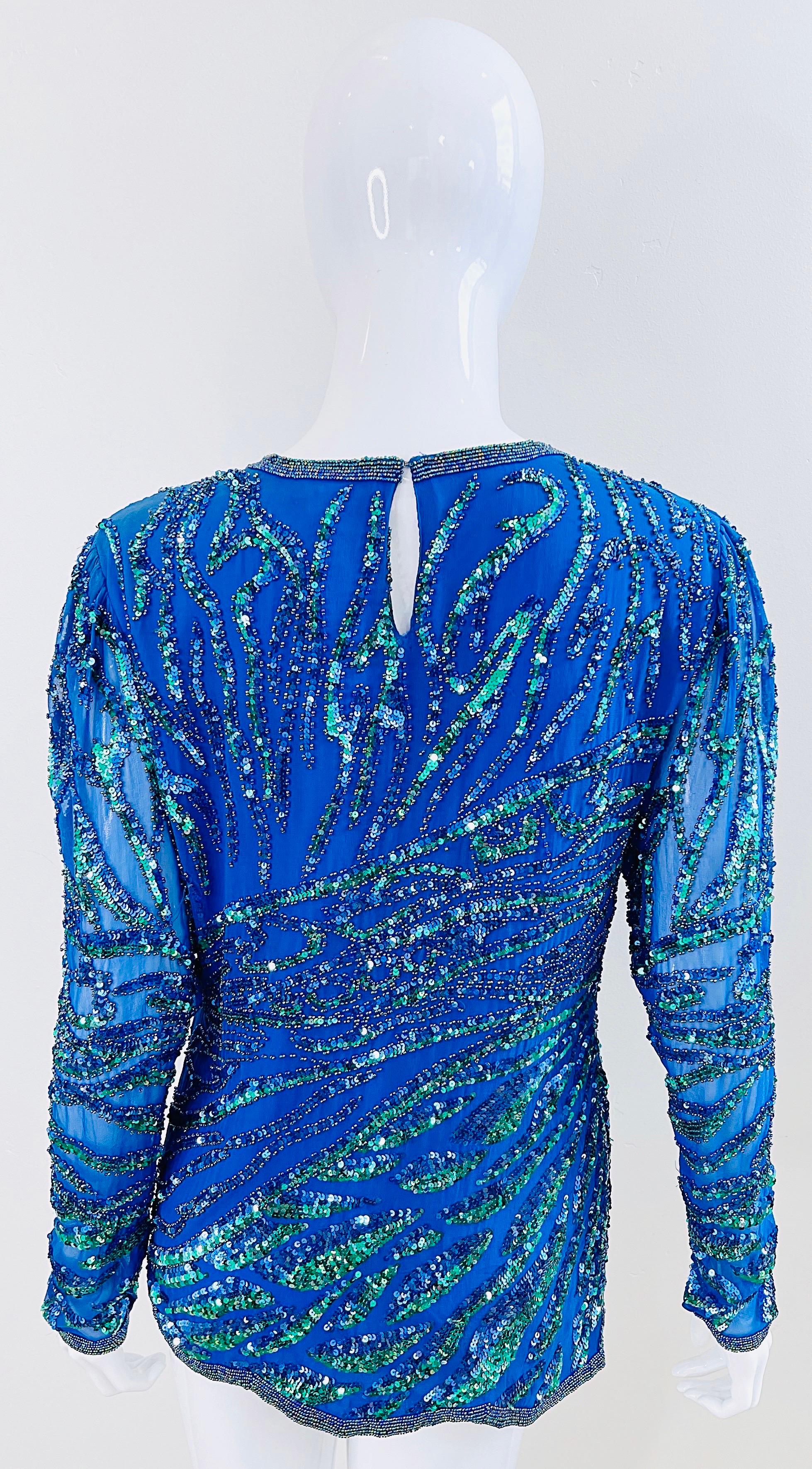 1980s Oleg Cassini Blue + Green Fully Sequin Beaded Size Medium Silk 80s Blouse For Sale 7