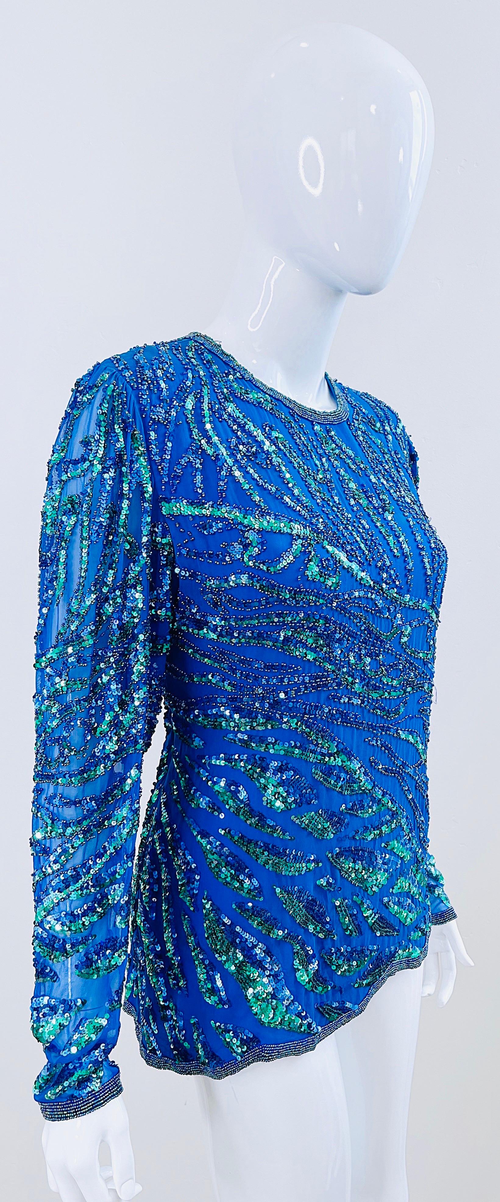 1980s Oleg Cassini Blue + Green Fully Sequin Beaded Size Medium Silk 80s Blouse For Sale 8