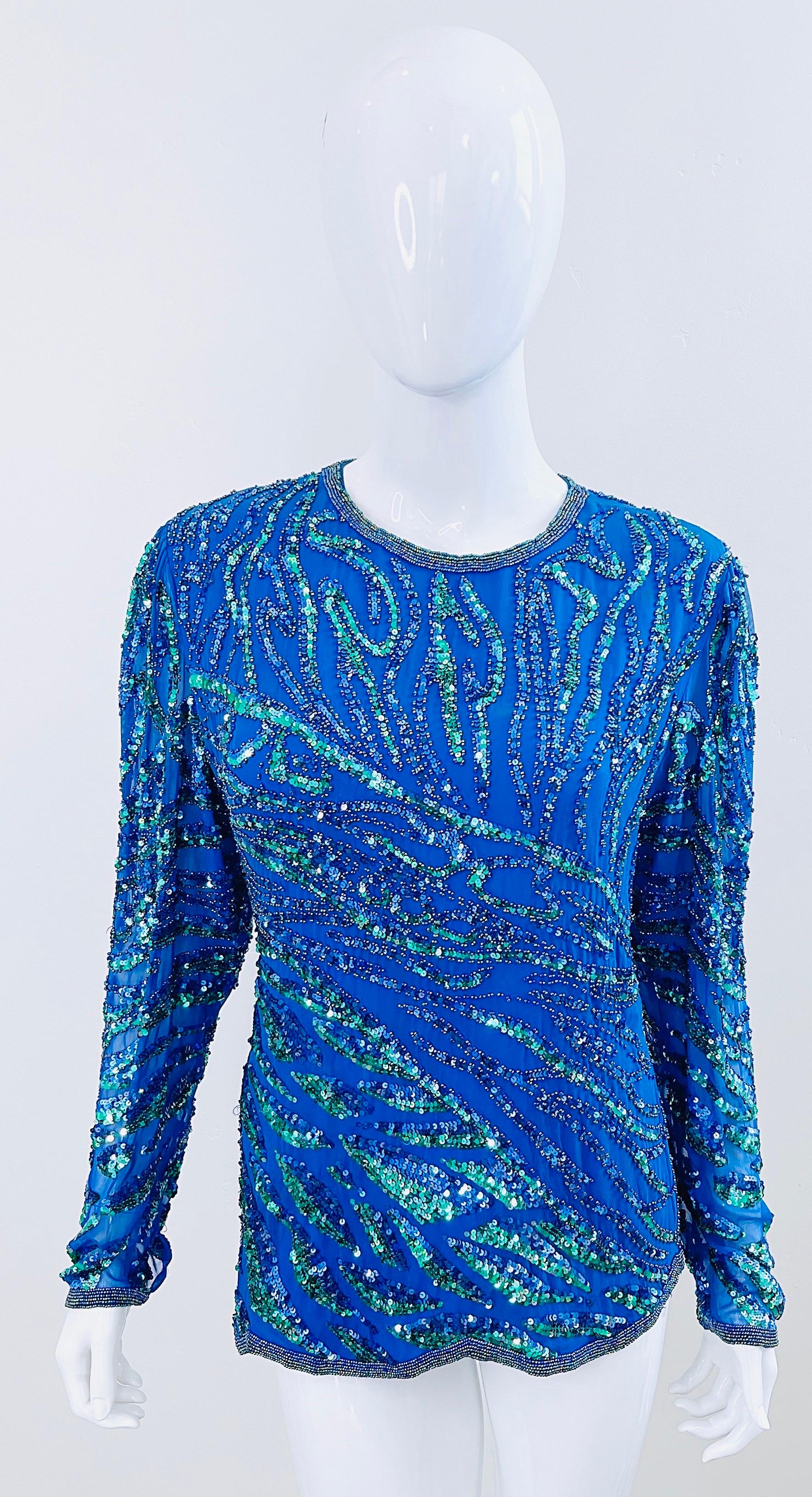 1980s Oleg Cassini Blue + Green Fully Sequin Beaded Size Medium Silk 80s Blouse For Sale 10