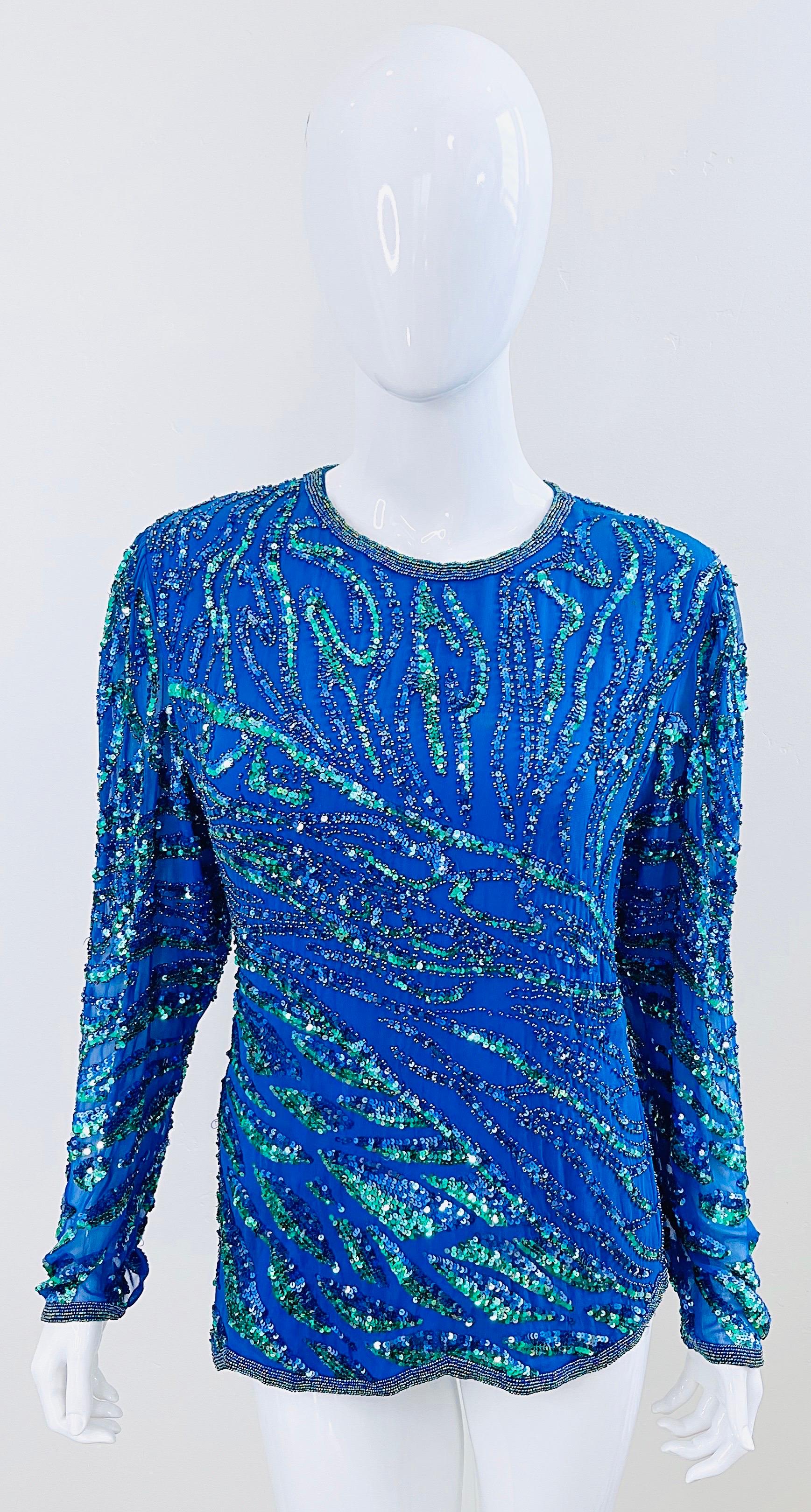1980s Oleg Cassini Blue + Green Fully Sequin Beaded Size Medium Silk 80s Blouse In Excellent Condition For Sale In San Diego, CA
