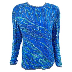 Chemisier en soie des années 80 de Oleg Cassini bleu + vert entièrement perlé Taille moyenne