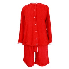 Vintage 1980s Oleg Cassini Mare Red Cotton Summer Suit Dress Shirt Short