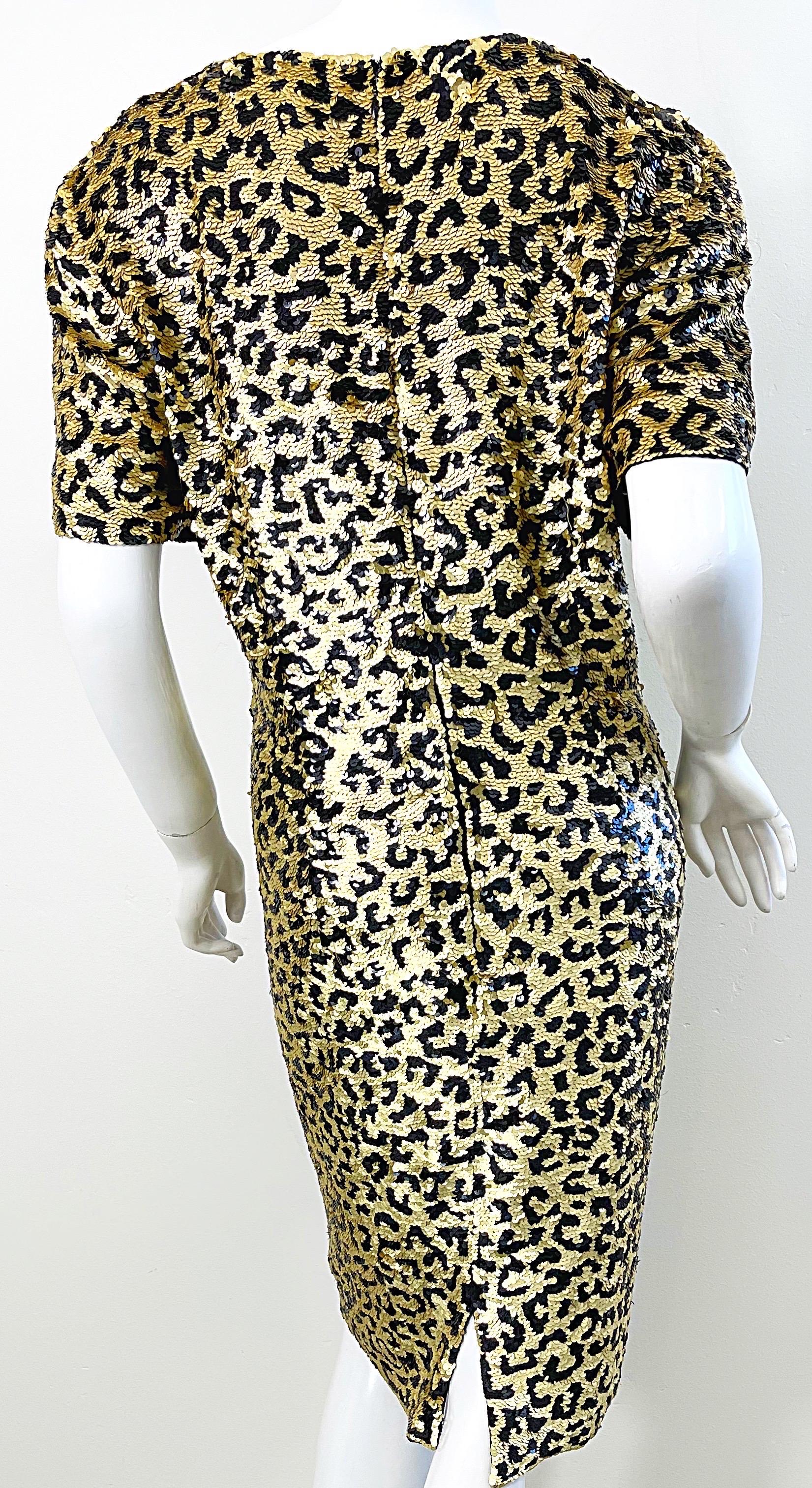 1980s Oleg Cassini Size 12 / 14 Sequin Leopard Animal Cheetah Print 80s Dress For Sale 2