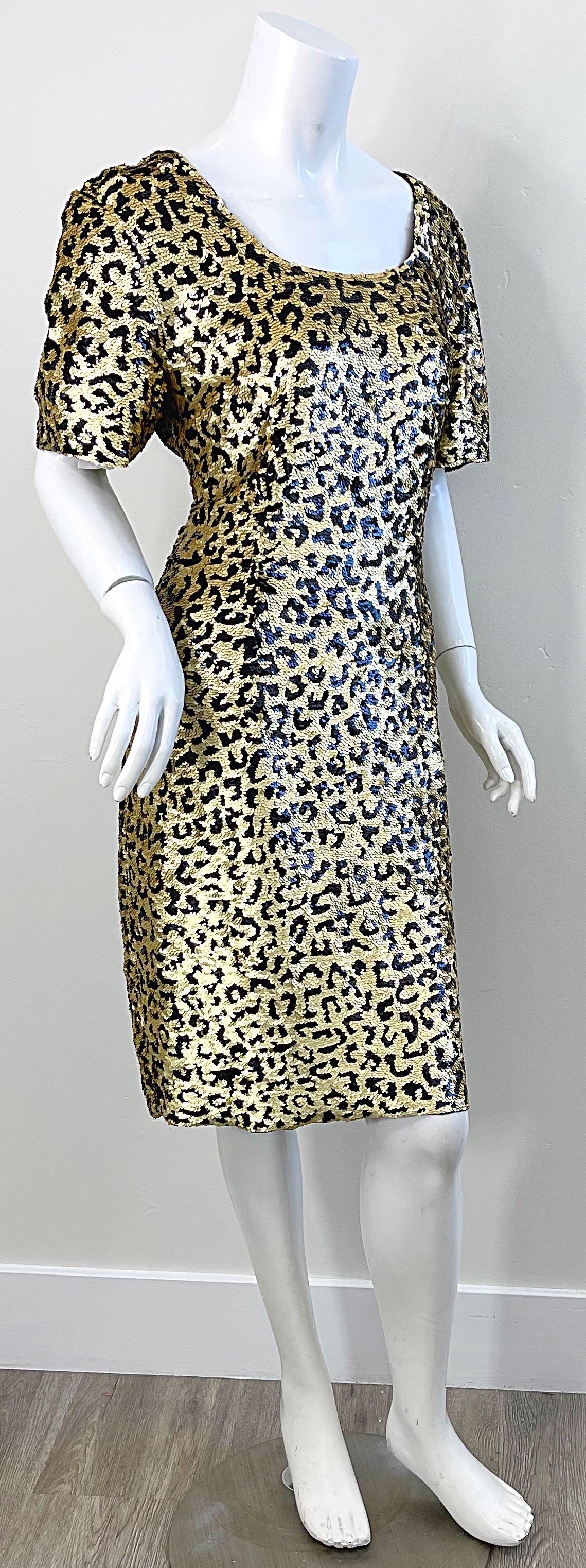 1980s Oleg Cassini Size 12 / 14 Sequin Leopard Animal Cheetah Print 80s Dress For Sale 3