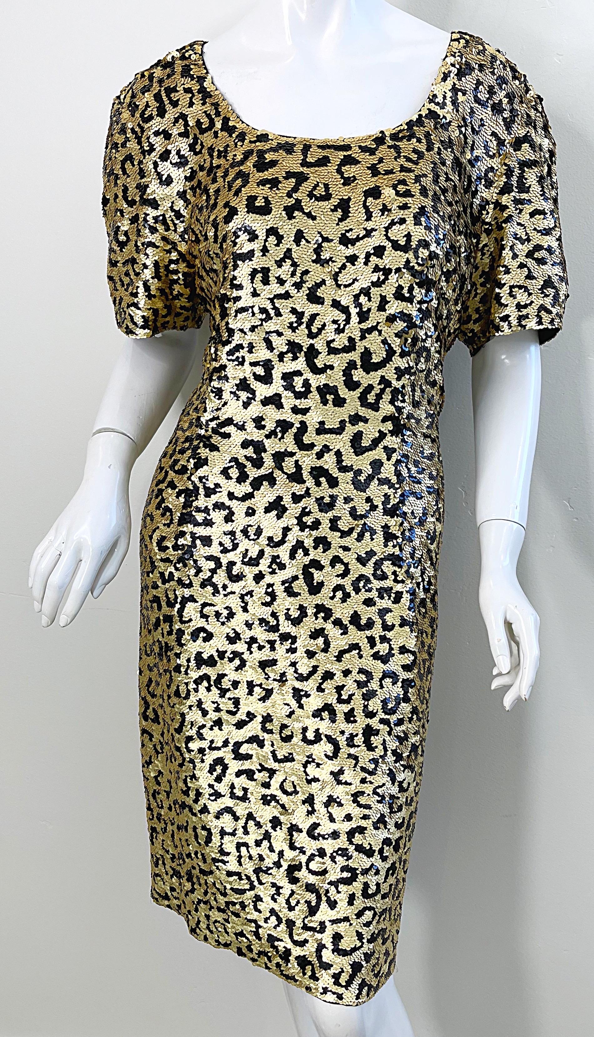 1980s Oleg Cassini Size 12 / 14 Sequin Leopard Animal Cheetah Print 80s Dress For Sale 4