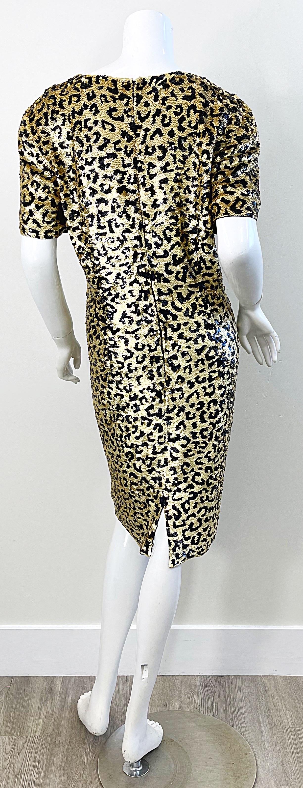 1980s Oleg Cassini Size 12 / 14 Sequin Leopard Animal Cheetah Print 80s Dress For Sale 5