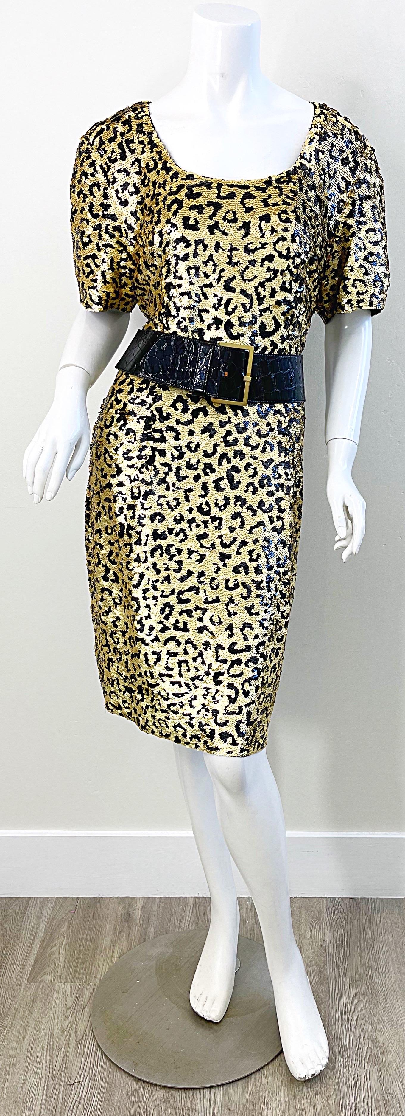 1980s Oleg Cassini Size 12 / 14 Sequin Leopard Animal Cheetah Print 80s Dress For Sale 6