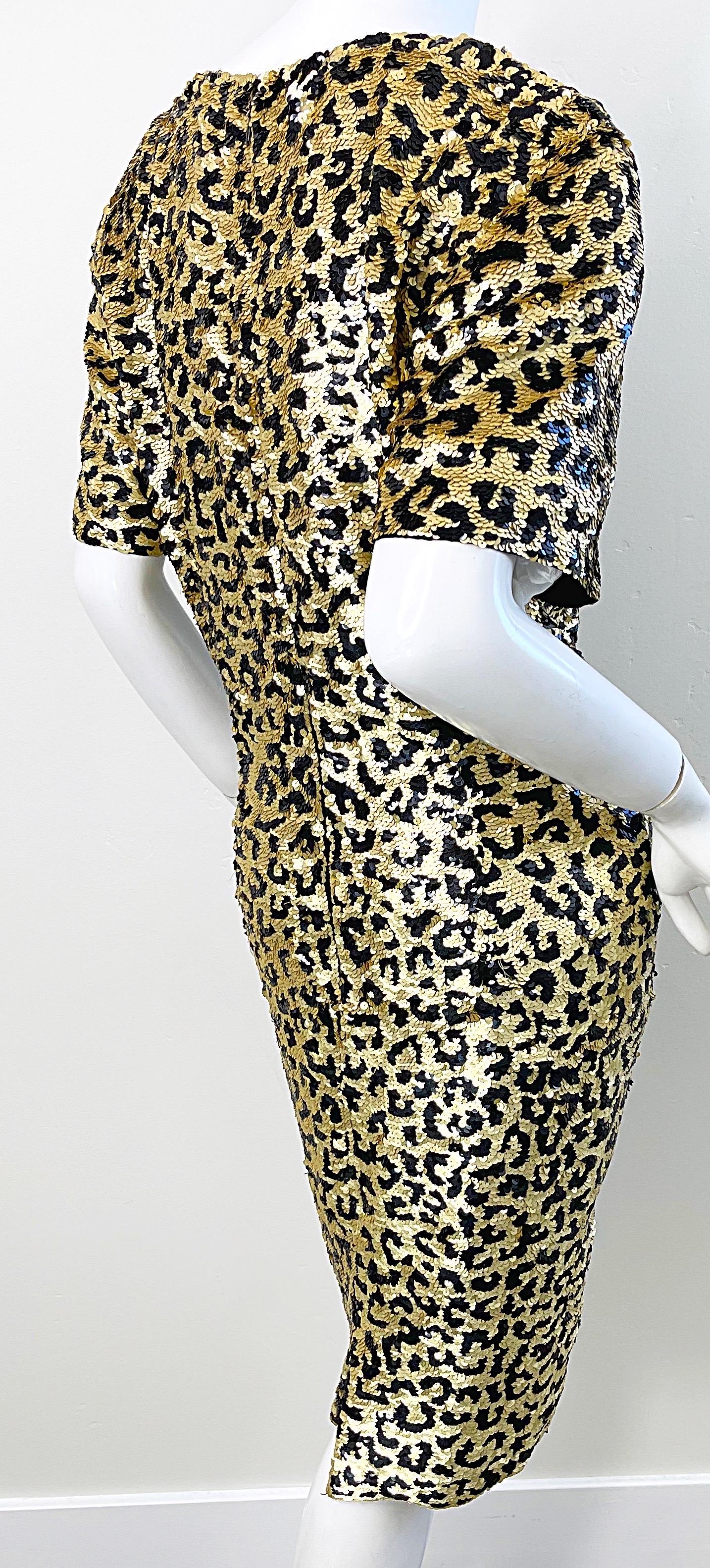 1980s Oleg Cassini Size 12 / 14 Sequin Leopard Animal Cheetah Print 80s Dress For Sale 7