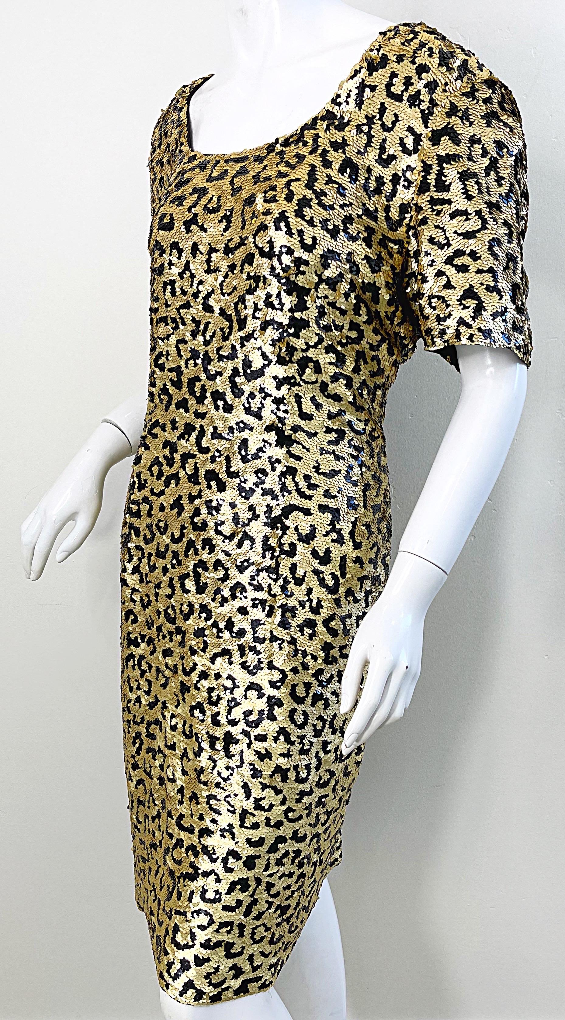 1980s Oleg Cassini Size 12 / 14 Sequin Leopard Animal Cheetah Print 80s Dress For Sale 8