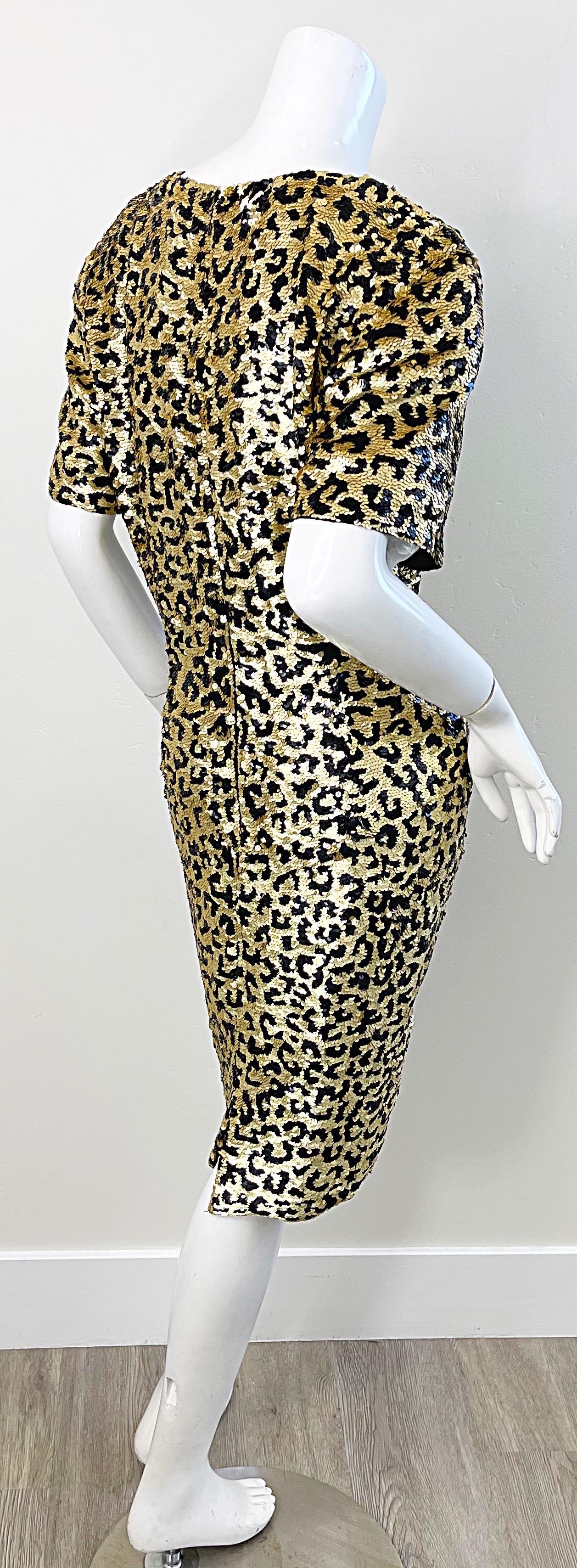 1980s Oleg Cassini Size 12 / 14 Sequin Leopard Animal Cheetah Print 80s Dress For Sale 9
