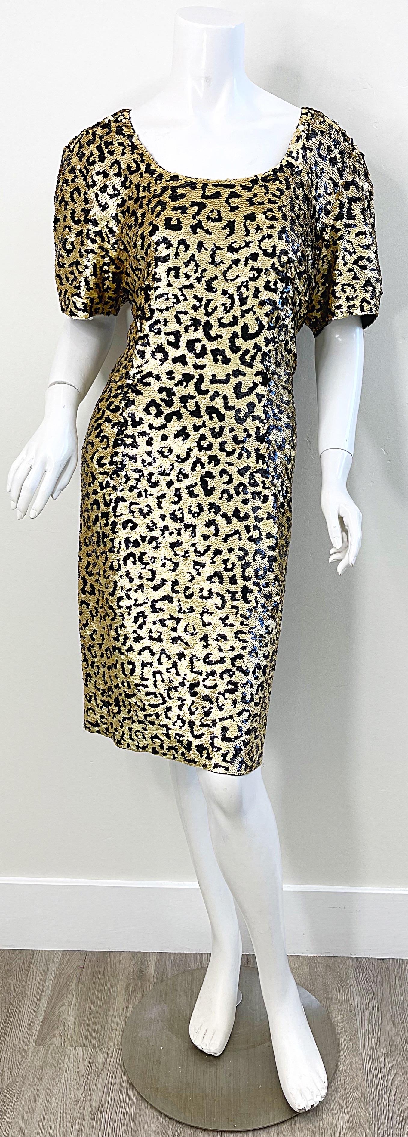 1980s Oleg Cassini Size 12 / 14 Sequin Leopard Animal Cheetah Print 80s Dress For Sale 10