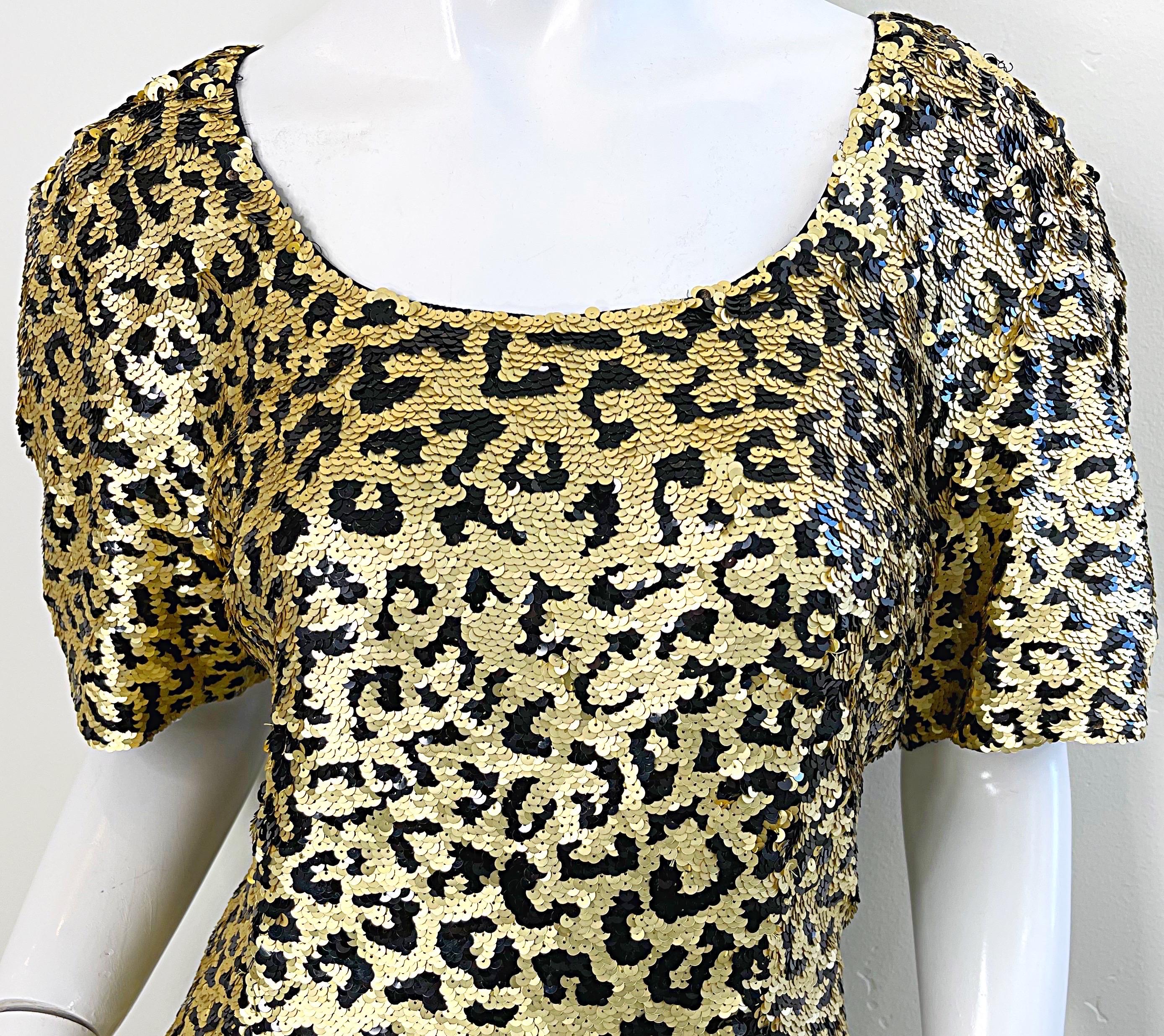 Beige 1980s Oleg Cassini Size 12 / 14 Sequin Leopard Animal Cheetah Print 80s Dress For Sale