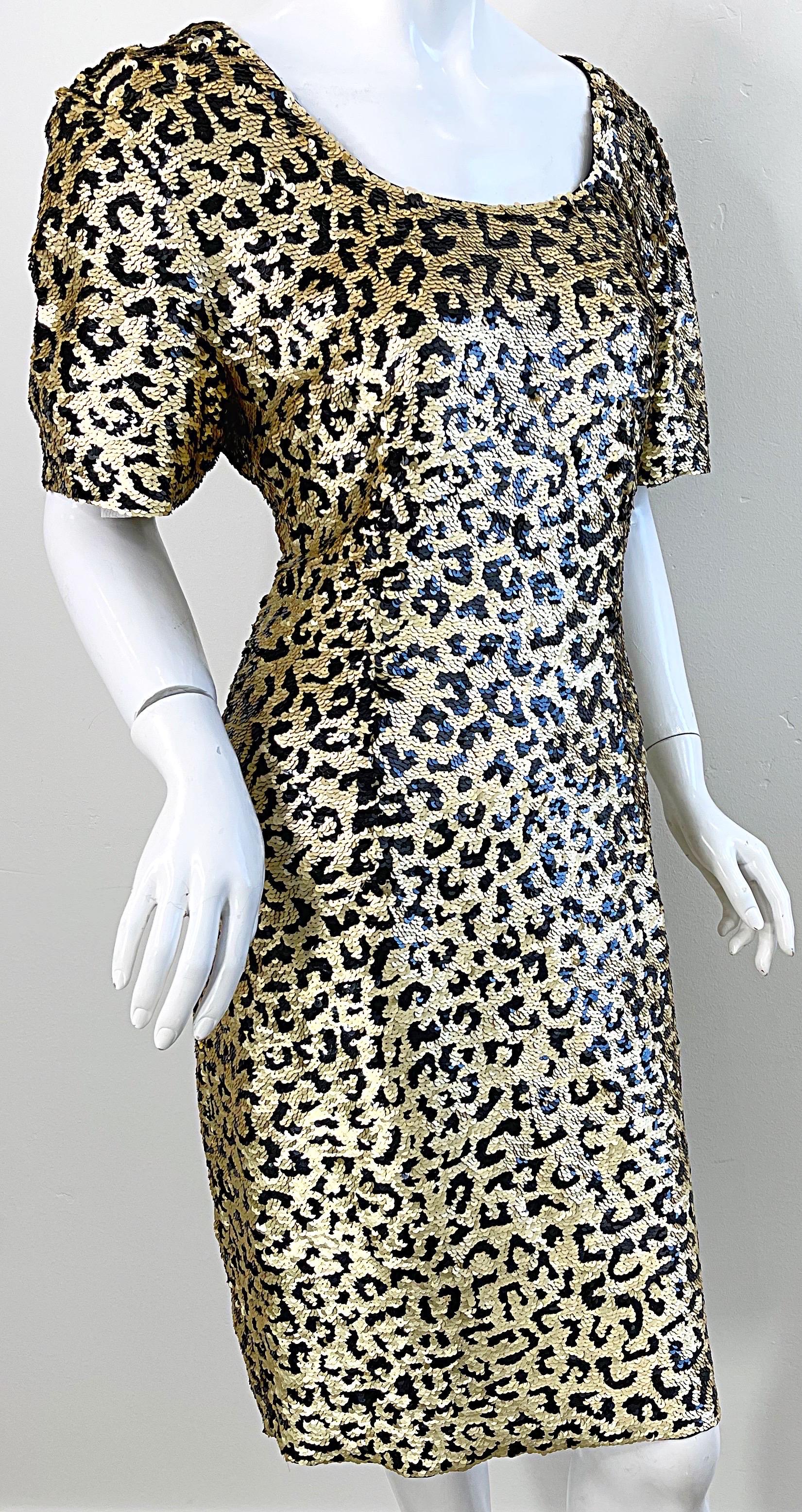 1980s Oleg Cassini Size 12 / 14 Sequin Leopard Animal Cheetah Print 80s Dress In Excellent Condition For Sale In San Diego, CA