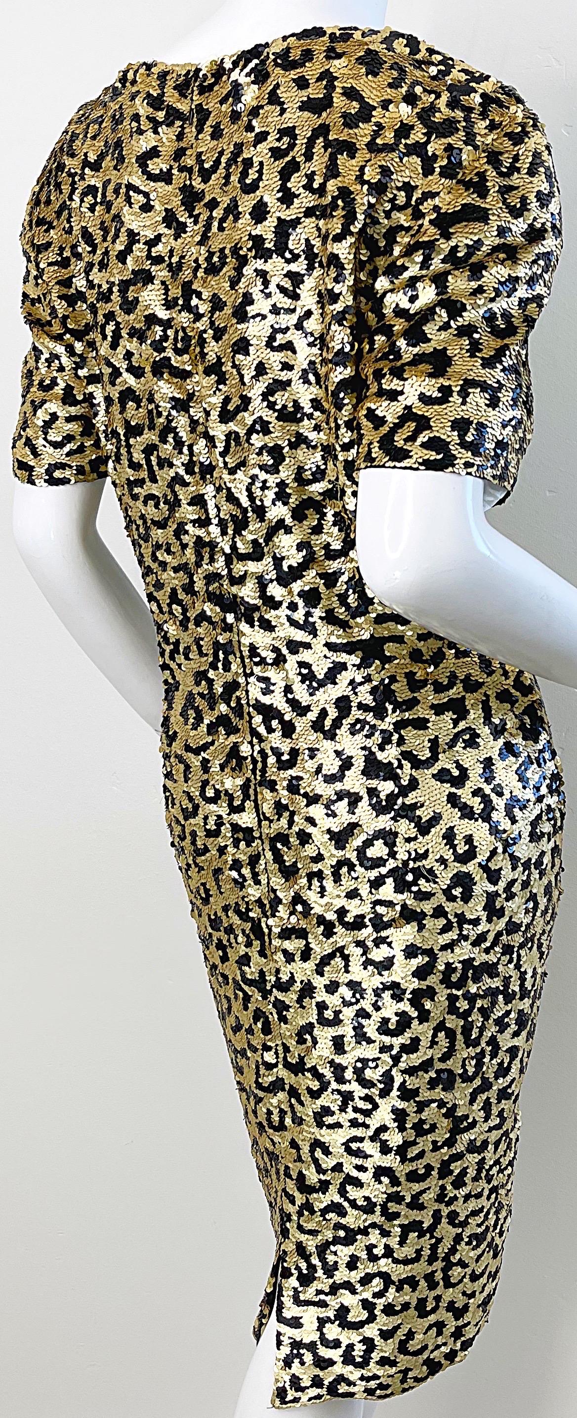 Women's 1980s Oleg Cassini Size 12 / 14 Sequin Leopard Animal Cheetah Print 80s Dress For Sale