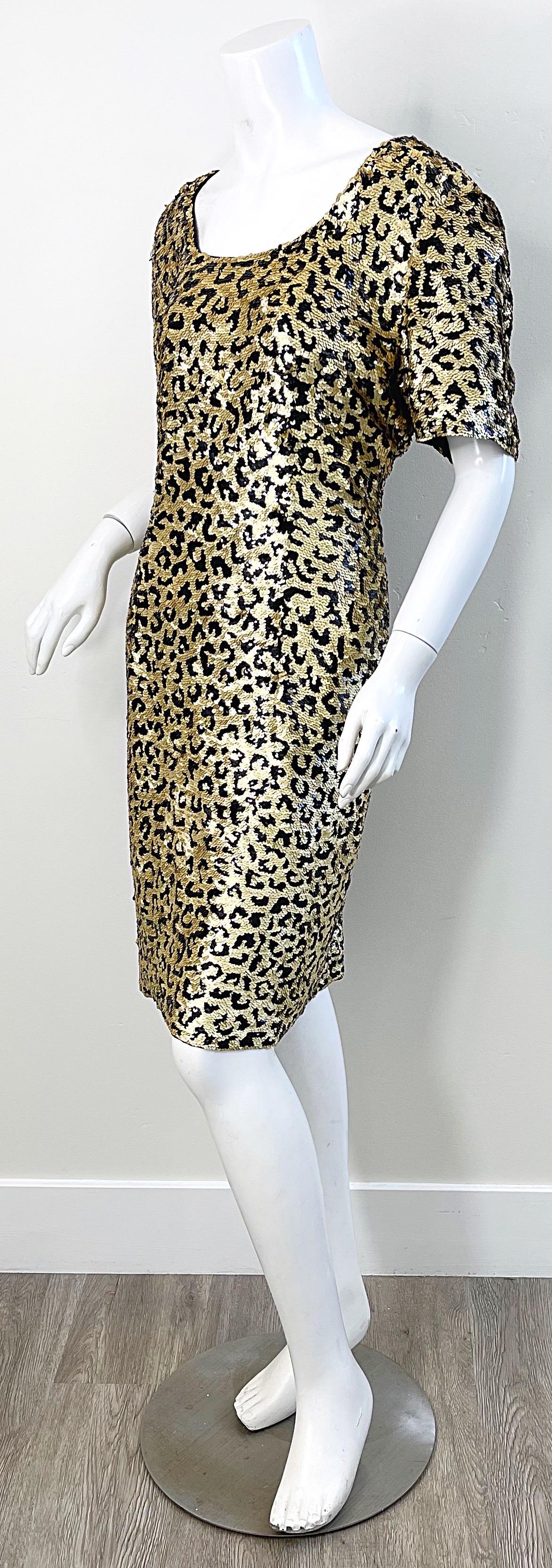 1980s Oleg Cassini Size 12 / 14 Sequin Leopard Animal Cheetah Print 80s Dress For Sale 1