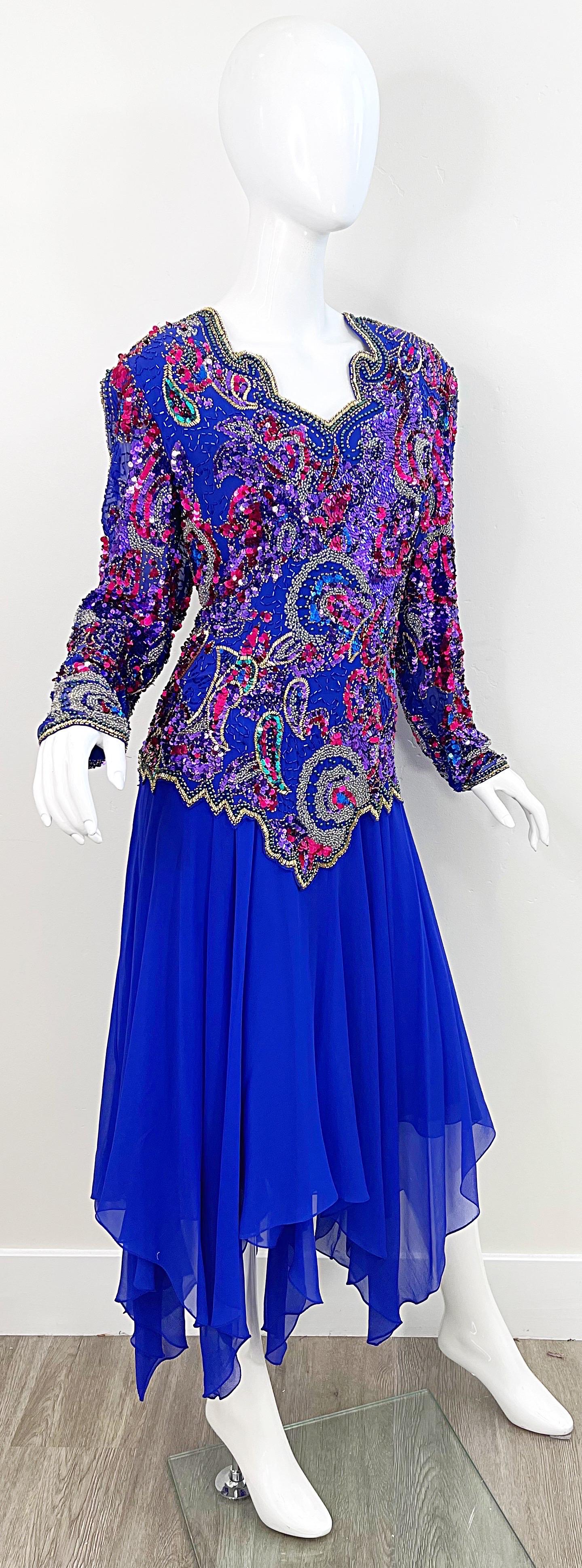 1980s Oleg Cassini Size 14 / 16 Purple Beaded Silk Chiffon Vintage 80s Dress For Sale 6