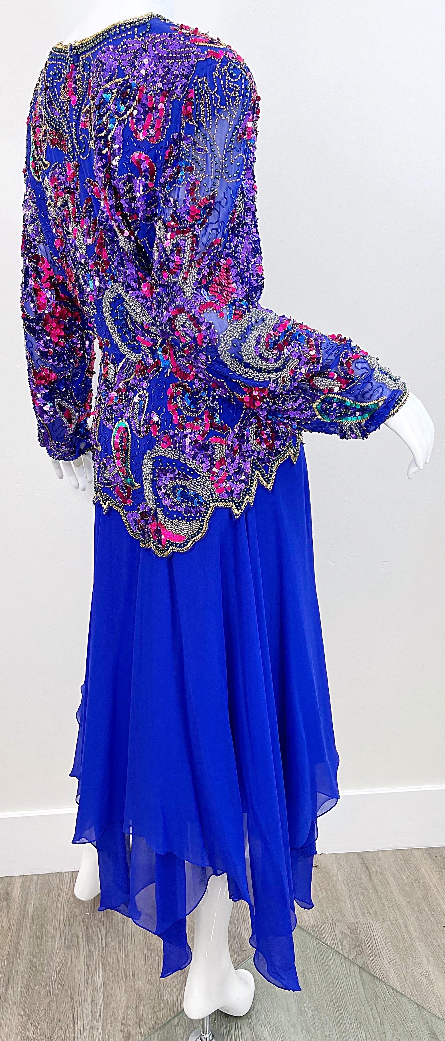 1980s Oleg Cassini Size 14 / 16 Purple Beaded Silk Chiffon Vintage 80s Dress For Sale 7