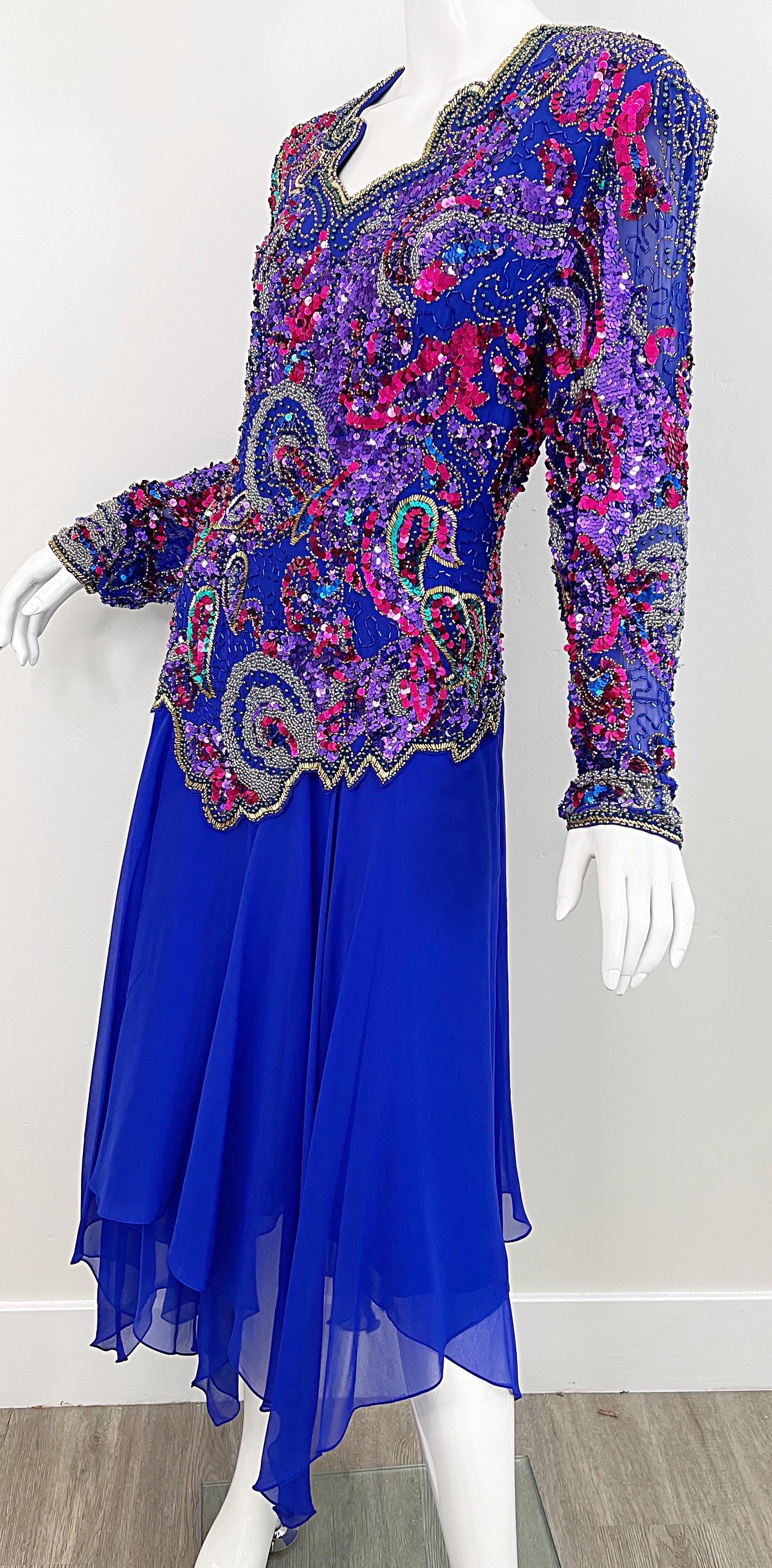 1980s Oleg Cassini Size 14 / 16 Purple Beaded Silk Chiffon Vintage 80s Dress For Sale 8