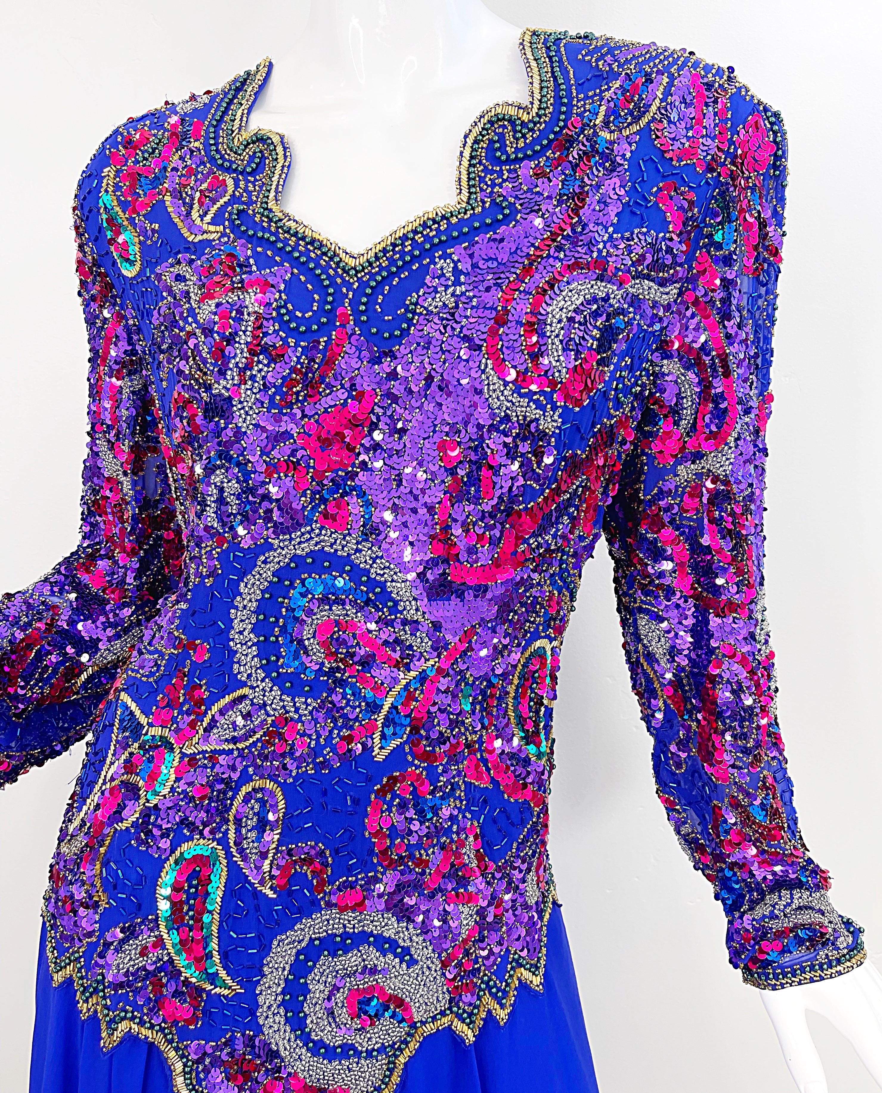1980s Oleg Cassini Size 14 / 16 Purple Beaded Silk Chiffon Vintage 80s Dress For Sale 9