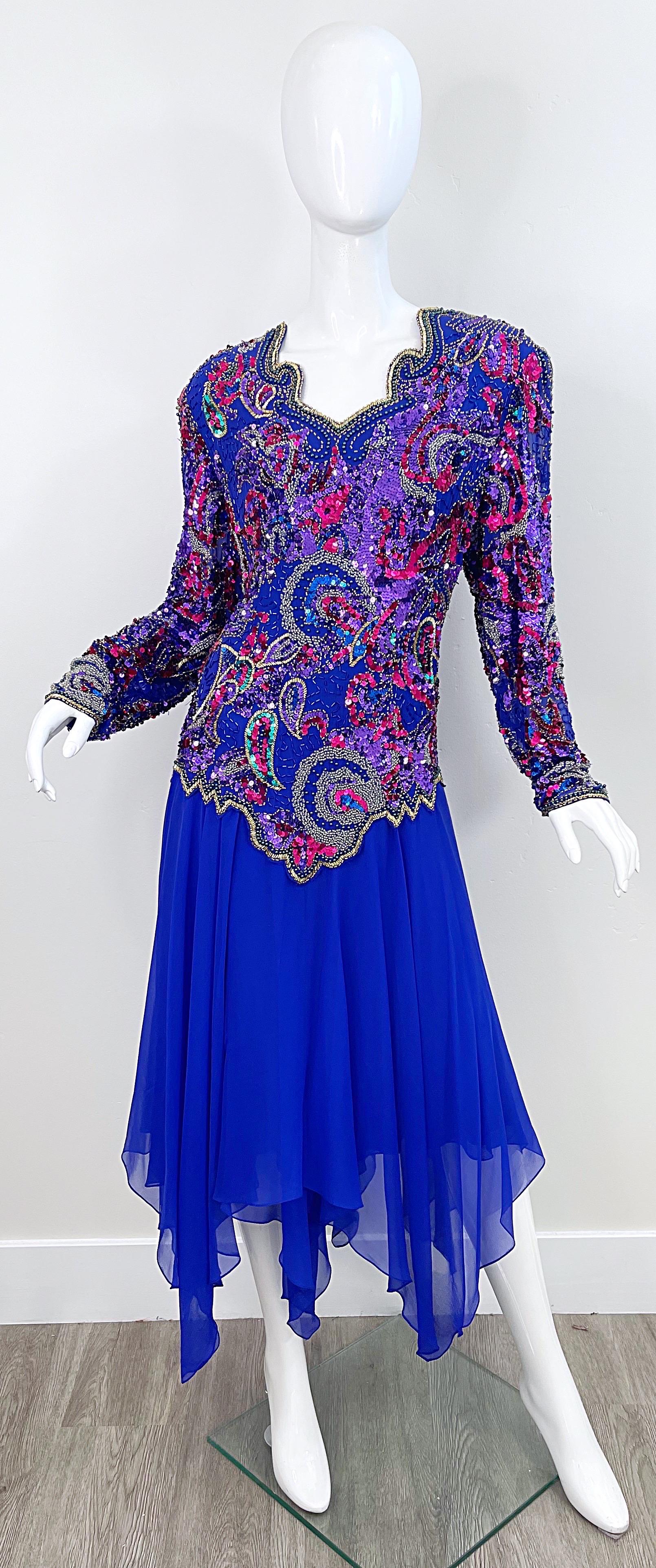 1980s Oleg Cassini Size 14 / 16 Purple Beaded Silk Chiffon Vintage 80s Dress For Sale 10