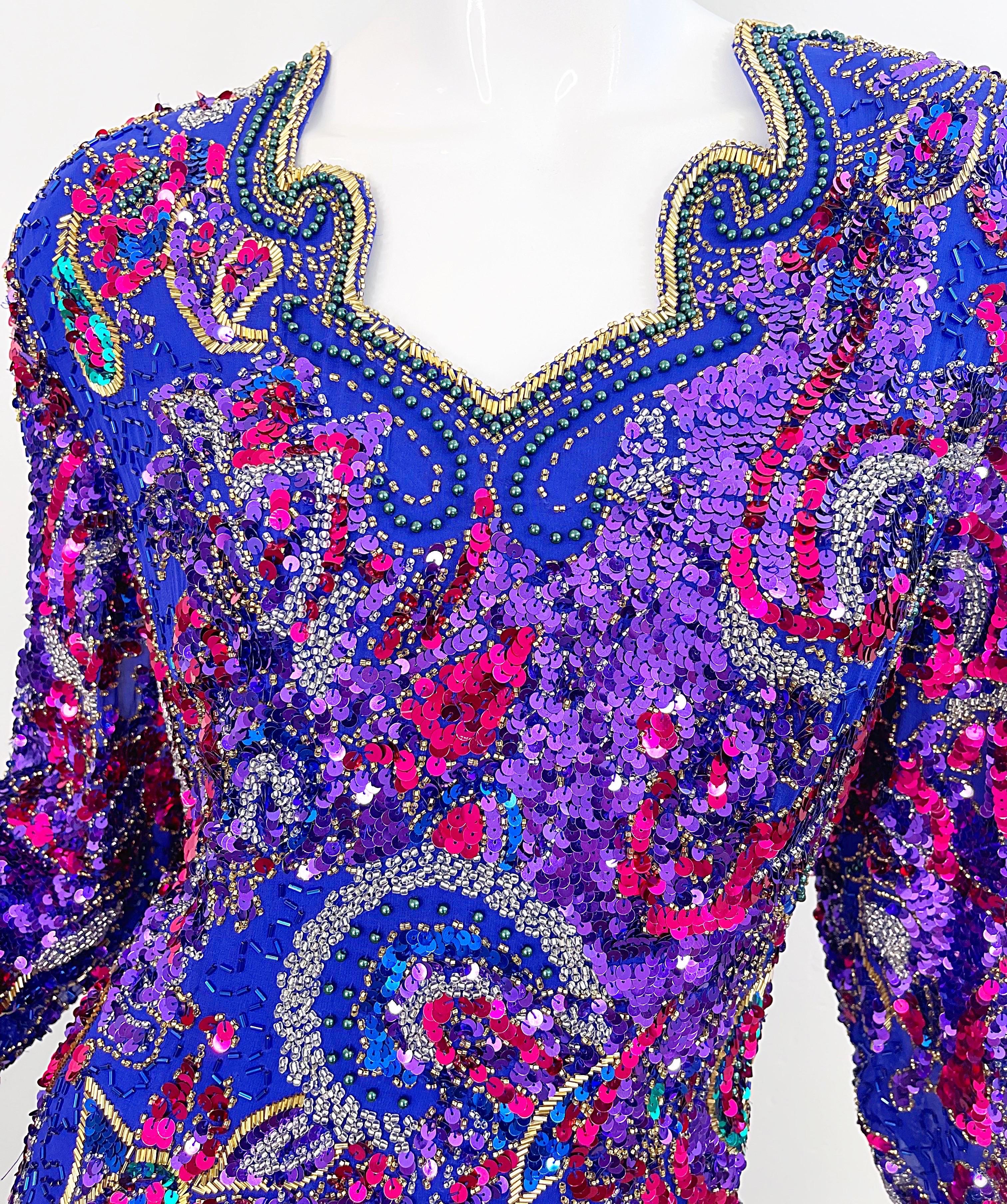 Women's 1980s Oleg Cassini Size 14 / 16 Purple Beaded Silk Chiffon Vintage 80s Dress For Sale