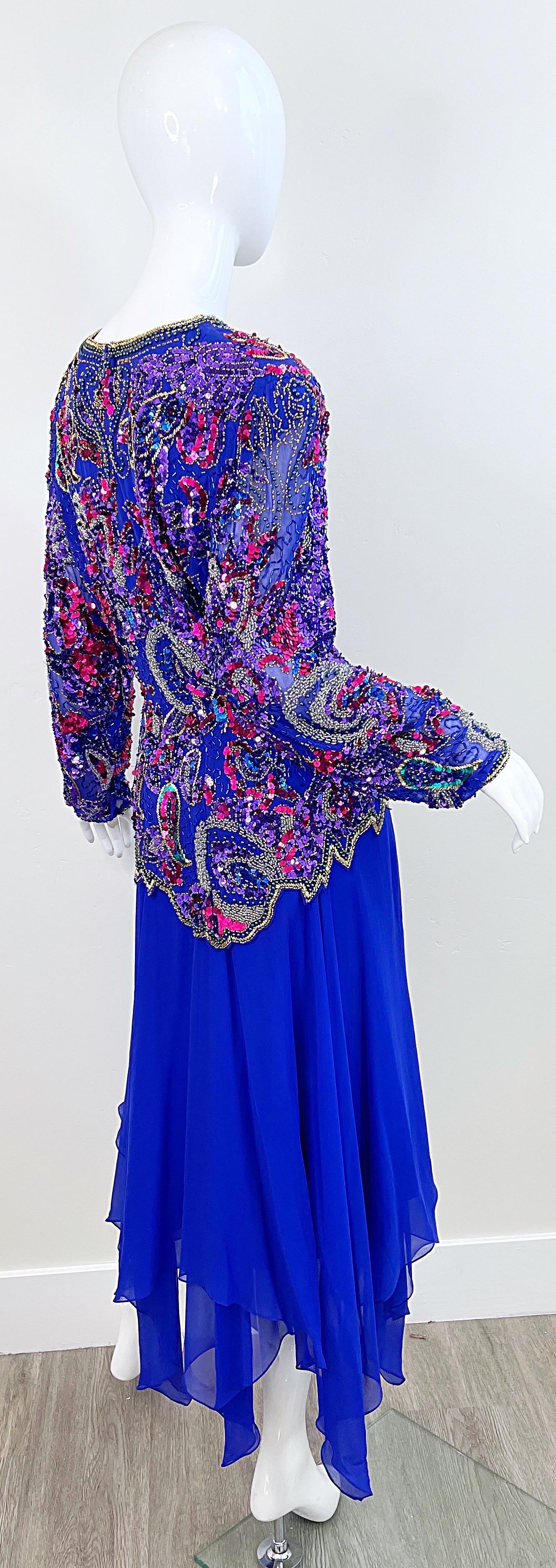 1980s Oleg Cassini Size 14 / 16 Purple Beaded Silk Chiffon Vintage 80s Dress For Sale 1