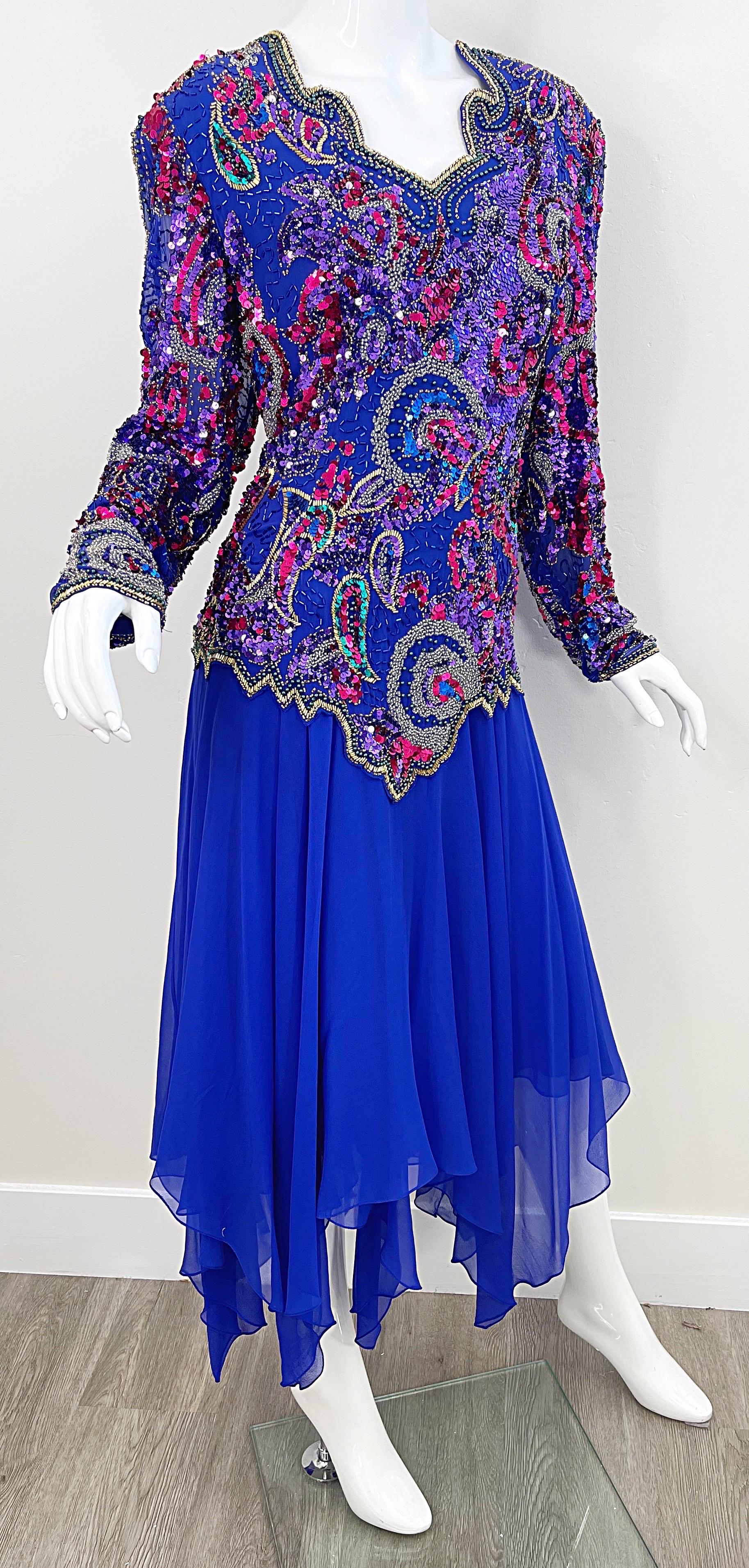 1980s Oleg Cassini Size 14 / 16 Purple Beaded Silk Chiffon Vintage 80s Dress For Sale 2