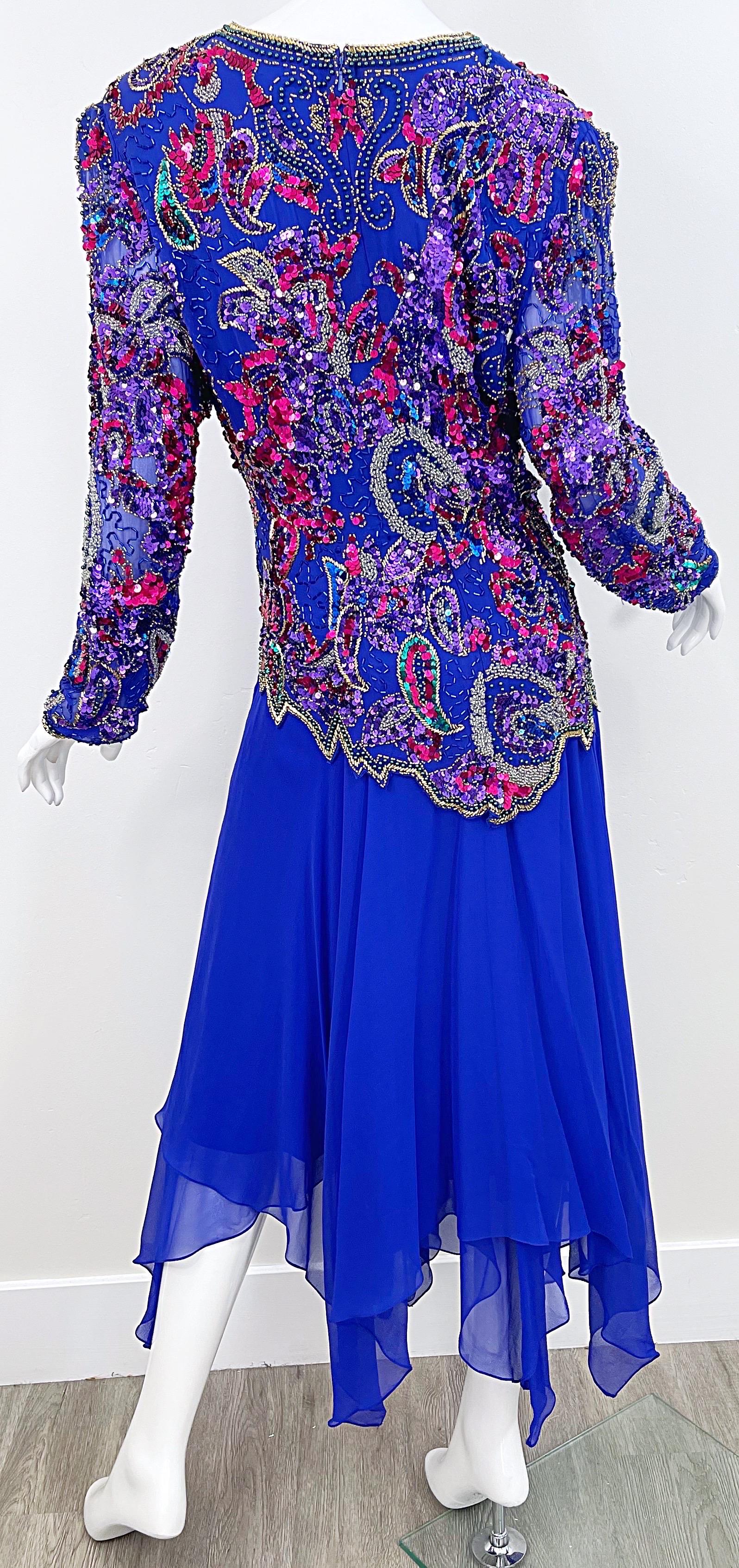1980s Oleg Cassini Size 14 / 16 Purple Beaded Silk Chiffon Vintage 80s Dress For Sale 3