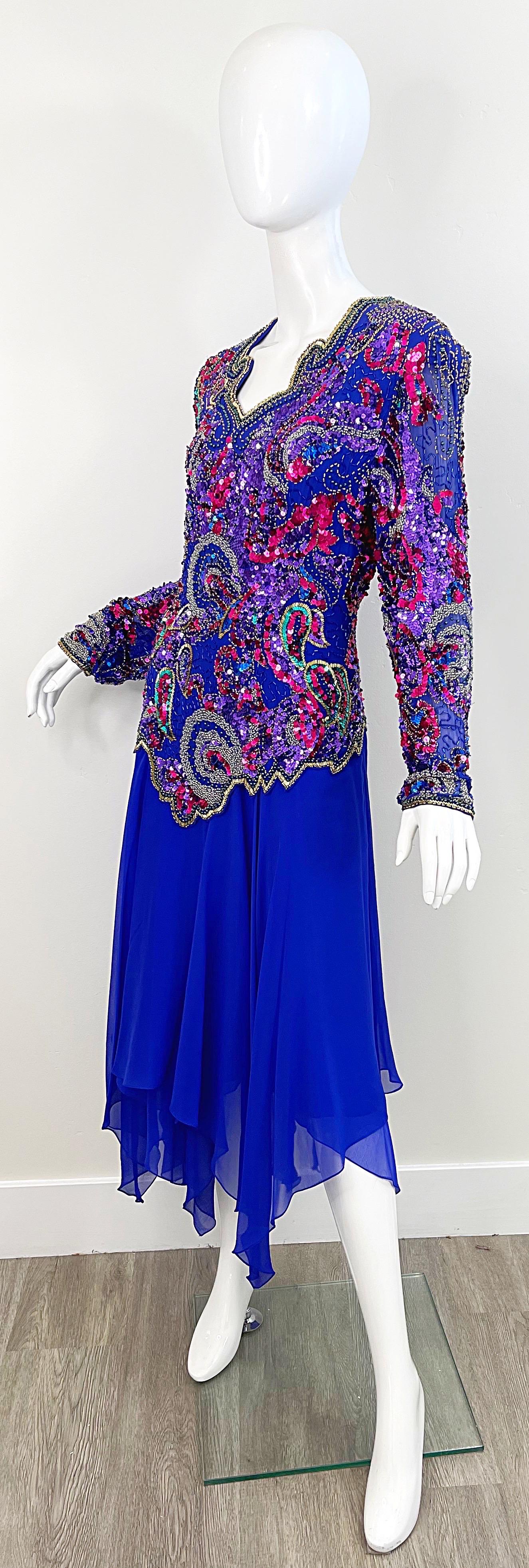 1980s Oleg Cassini Size 14 / 16 Purple Beaded Silk Chiffon Vintage 80s Dress For Sale 4