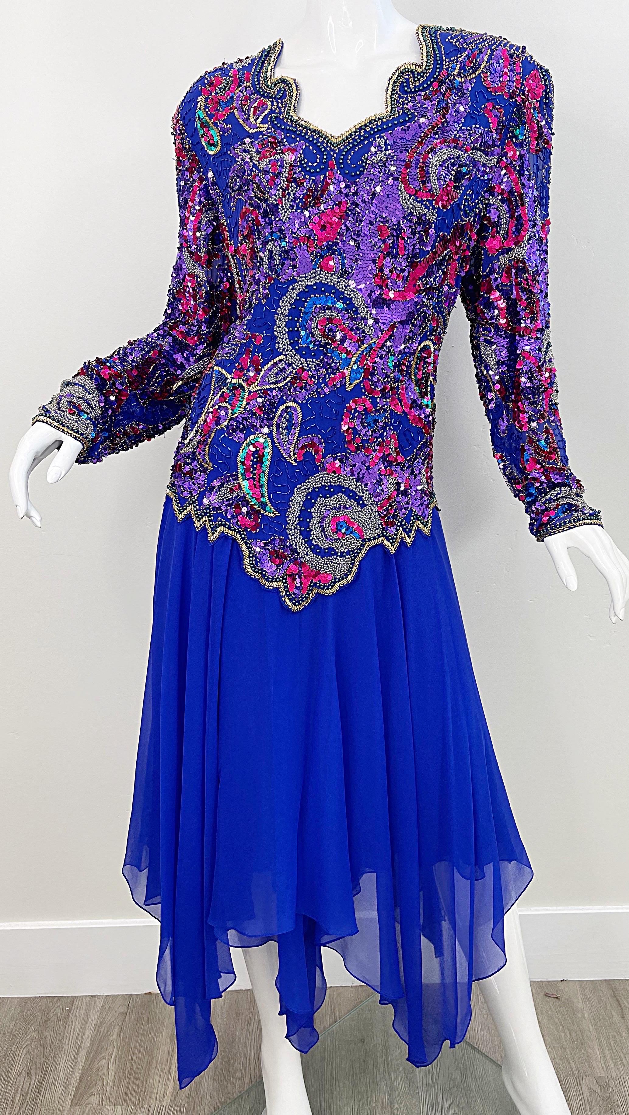 1980s Oleg Cassini Size 14 / 16 Purple Beaded Silk Chiffon Vintage 80s Dress For Sale 5