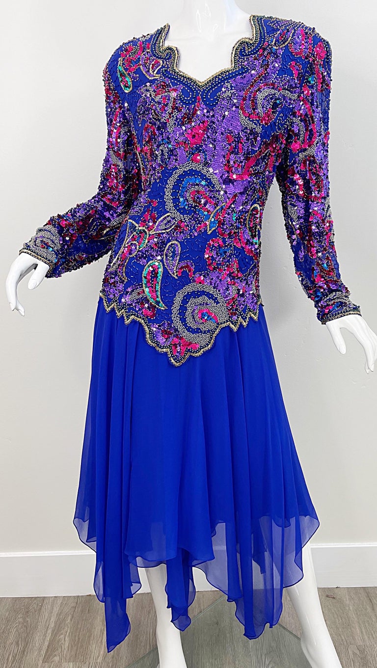 1980s Oleg Cassini Size 14 / 16 Purple Beaded Silk Chiffon Vintage 80s Dress For Sale at 1stDibs 1980s Oleg Cassini Size 14 / 16 Purple Beaded Silk Chiffon Vintage 80s Dress For Sale at 1stDibs