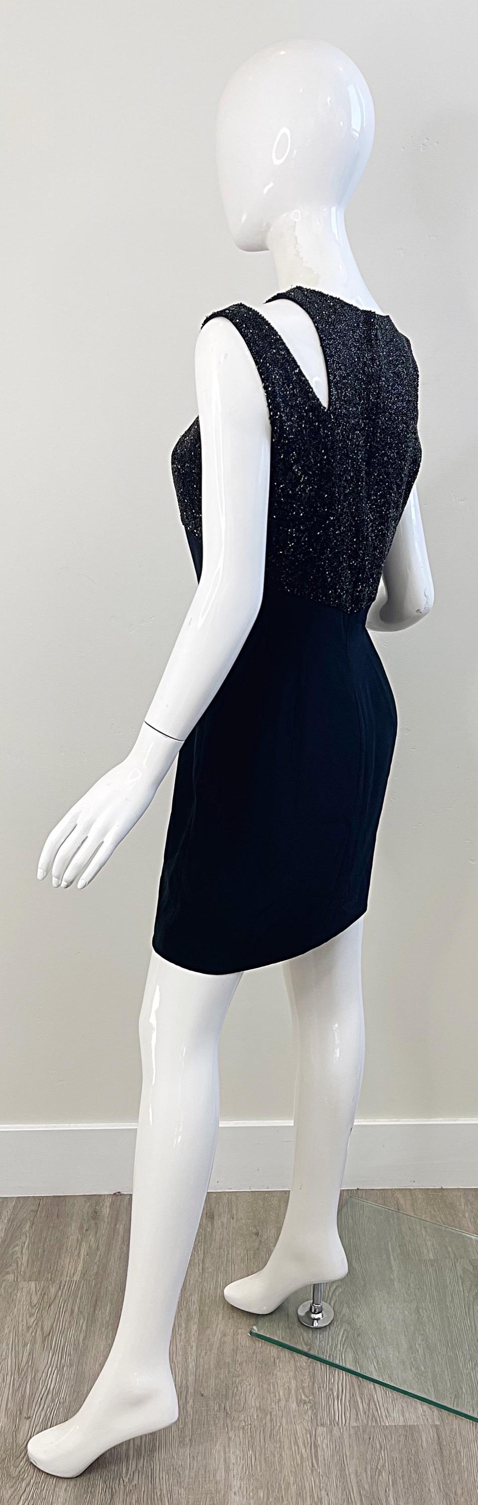 1980s Oleg Cassini Size 6 Black Beaded Vintage 80s Cut - Out Rayon Mini Dress For Sale 6