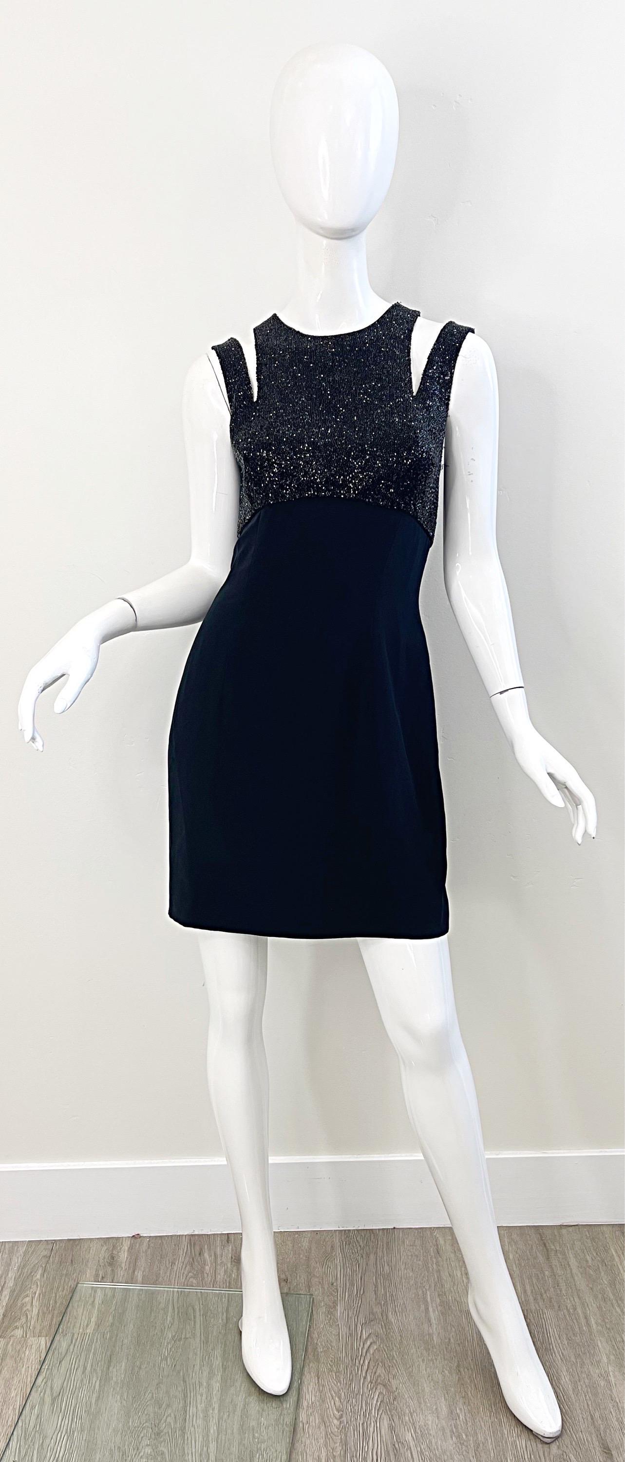 1980s Oleg Cassini Size 6 Black Beaded Vintage 80s Cut - Out Rayon Mini Dress In Excellent Condition For Sale In San Diego, CA
