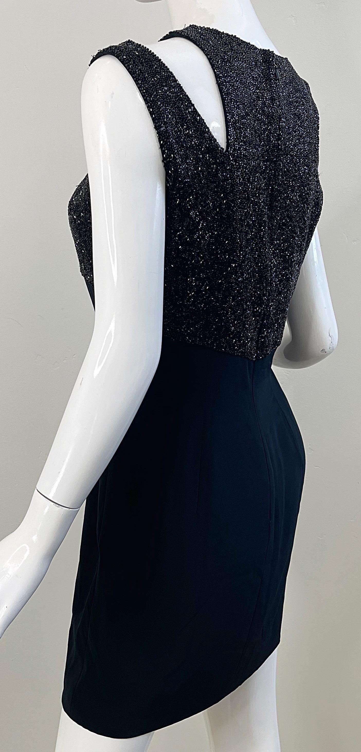 Women's 1980s Oleg Cassini Size 6 Black Beaded Vintage 80s Cut - Out Rayon Mini Dress For Sale