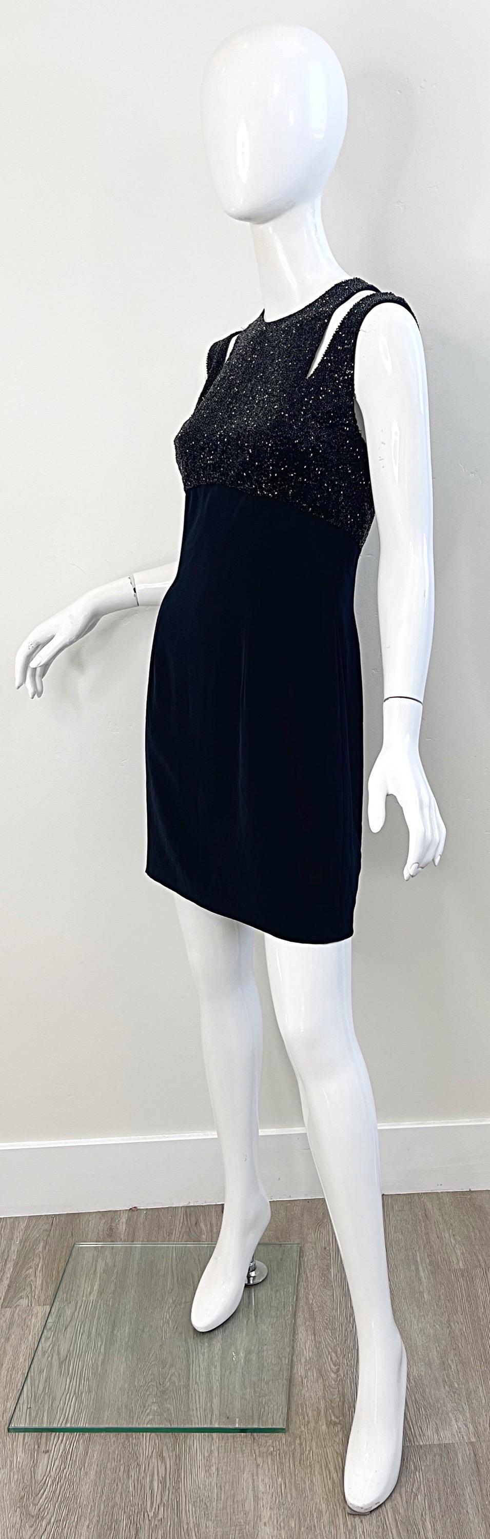 1980s Oleg Cassini Size 6 Black Beaded Vintage 80s Cut - Out Rayon Mini Dress For Sale 4