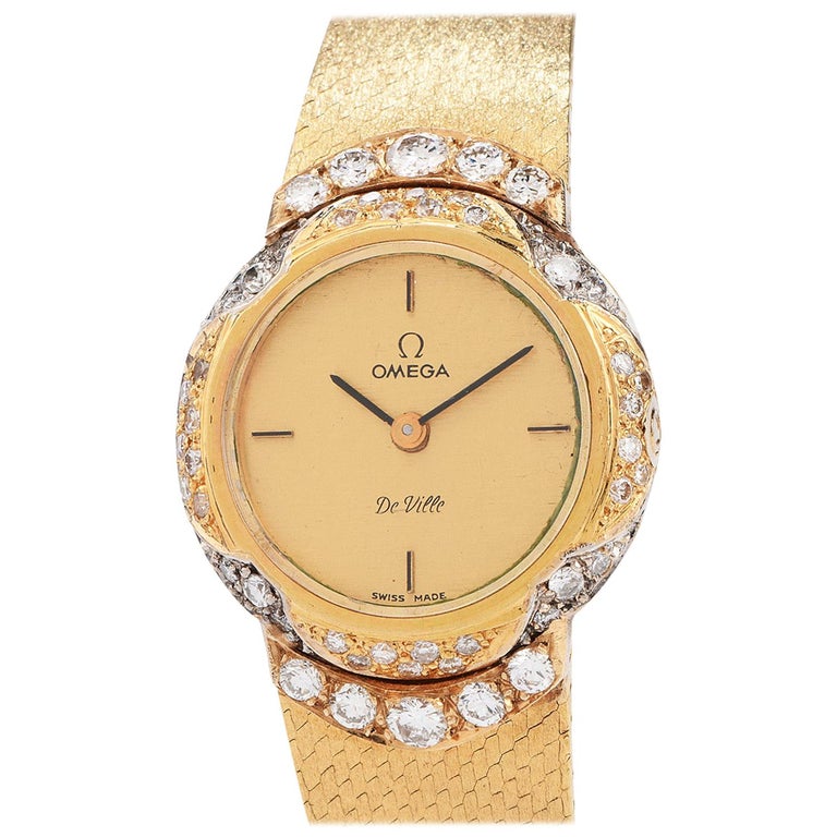 1980s Omega De Ville Diamond Ladies 18 Karat Yellow Gold Watch at 1stDibs