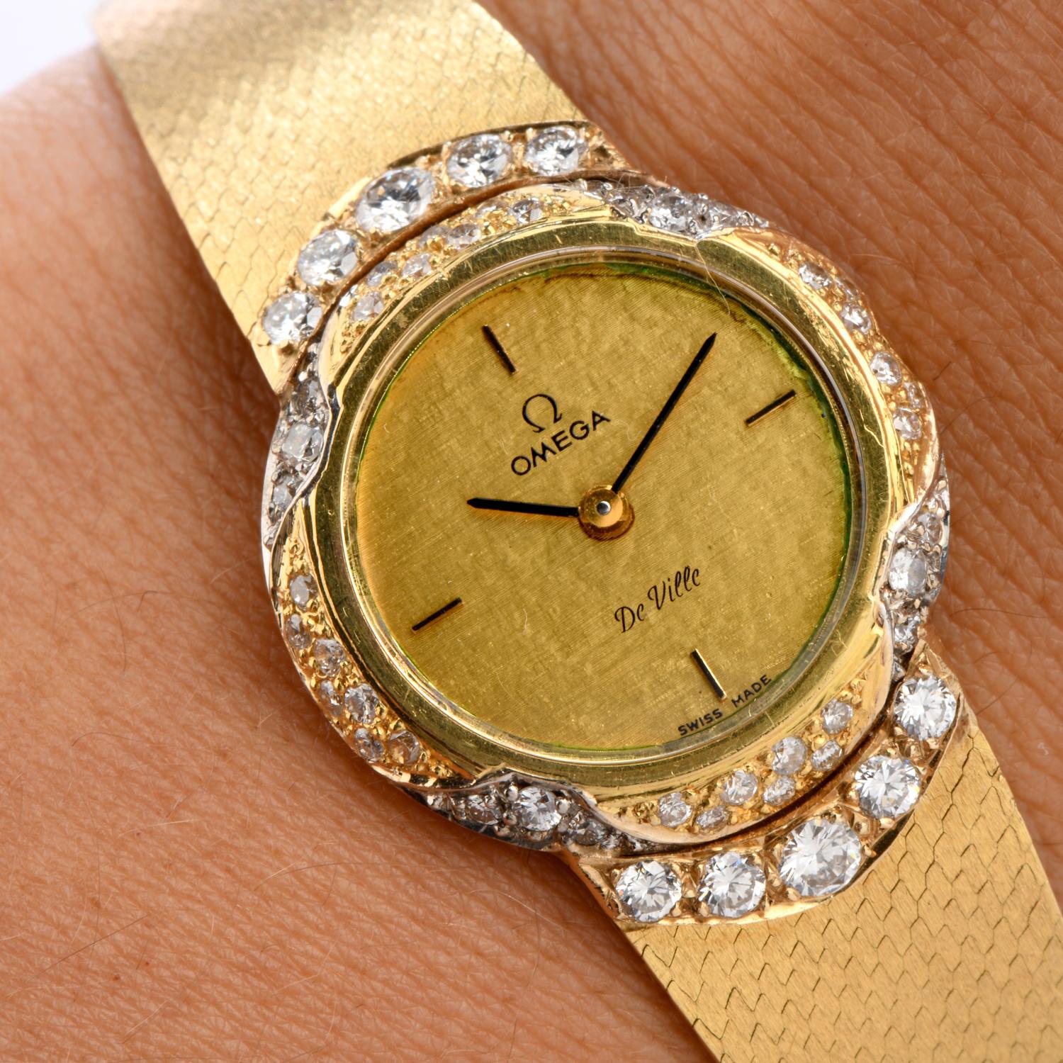 Modern 1980s Omega De Ville Diamond Ladies 18 Karat Yellow Gold Watch