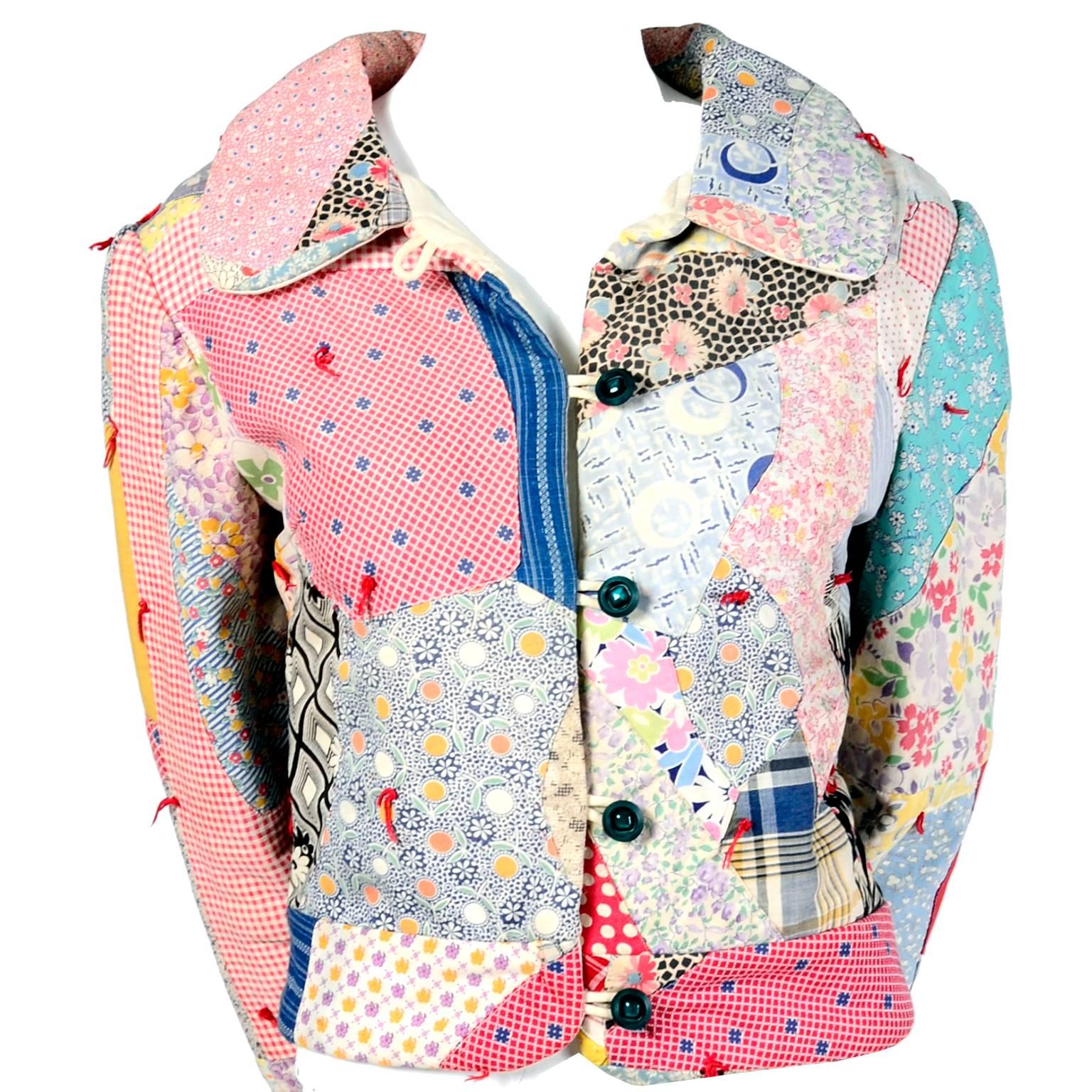This one of a kind vintage jacket was created in the late 1980's by Jane Beckwith and sold under her label Bearware.  The jacket is quilted with vintage fabrics and closes in the front with 3 vintage buttons.  This fun jacket has amazing quilted