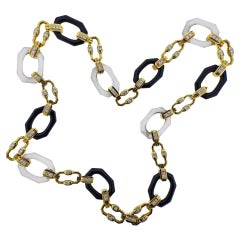 1980s Onyx Crystal Diamond Gold Link Necklace