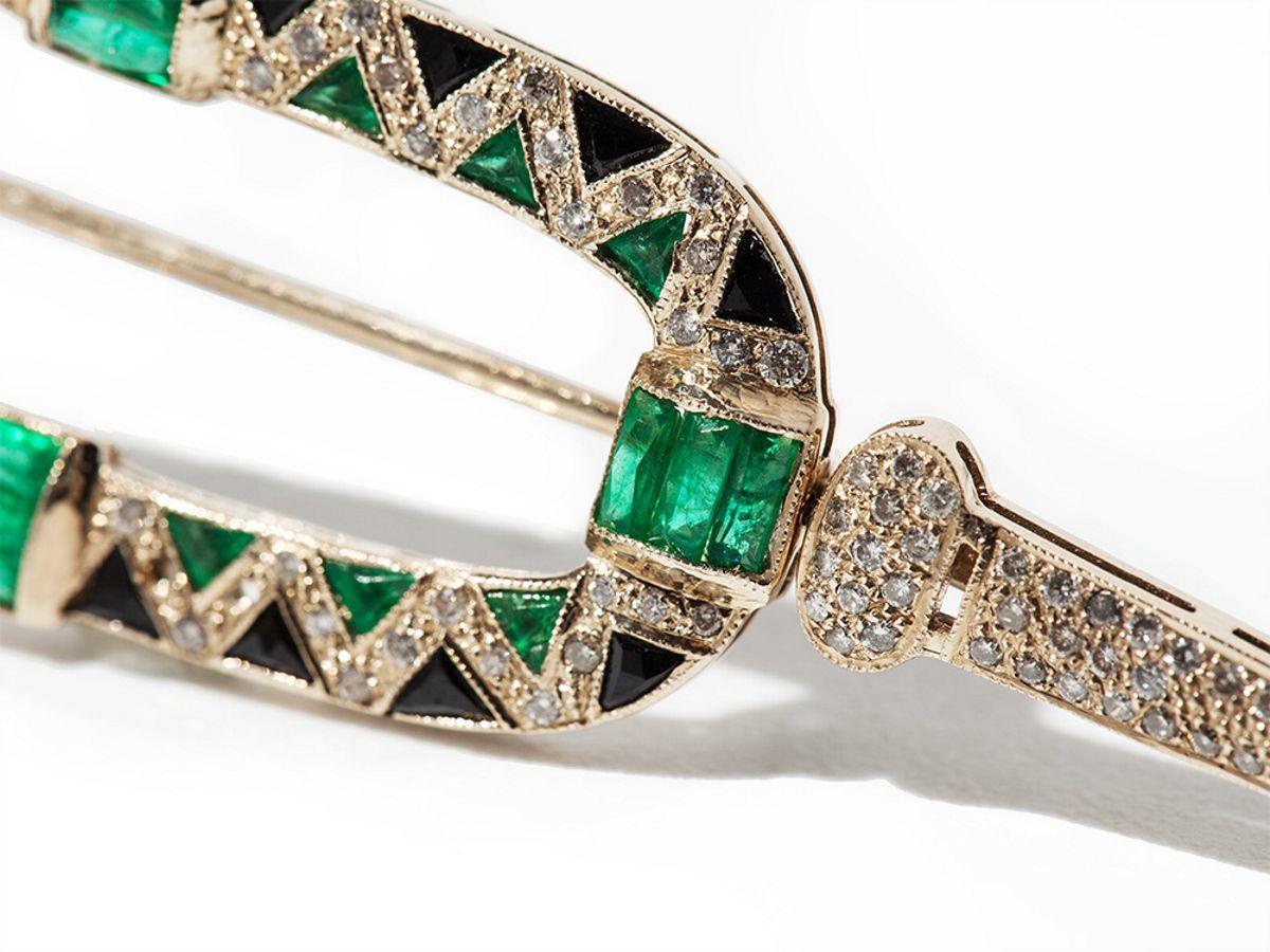 Women's or Men's 1980s Onyx Emerald Diamond Gold Brooch For Sale