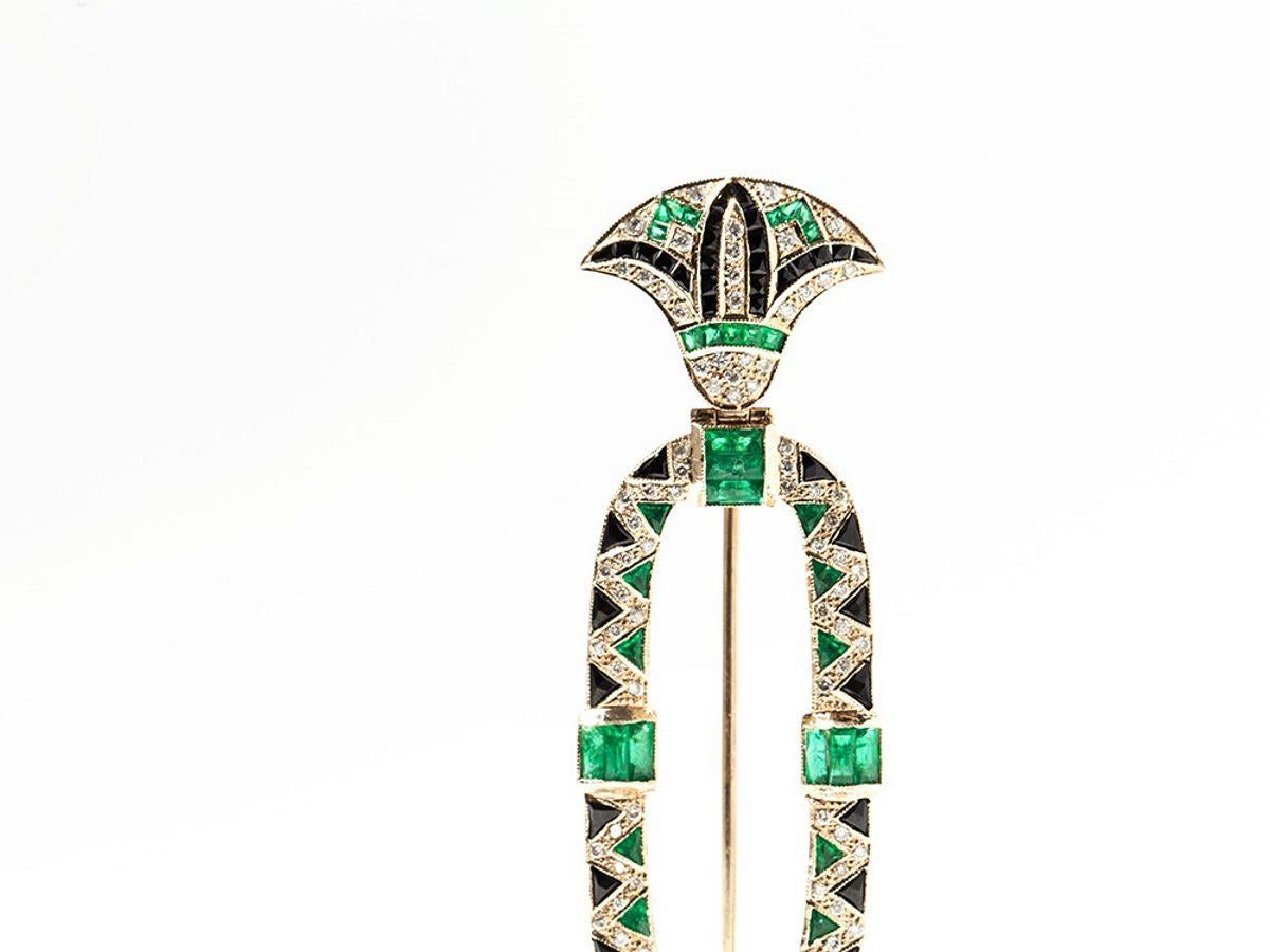 Brilliant Cut 1980s Onyx Emerald Diamond Gold Brooch For Sale