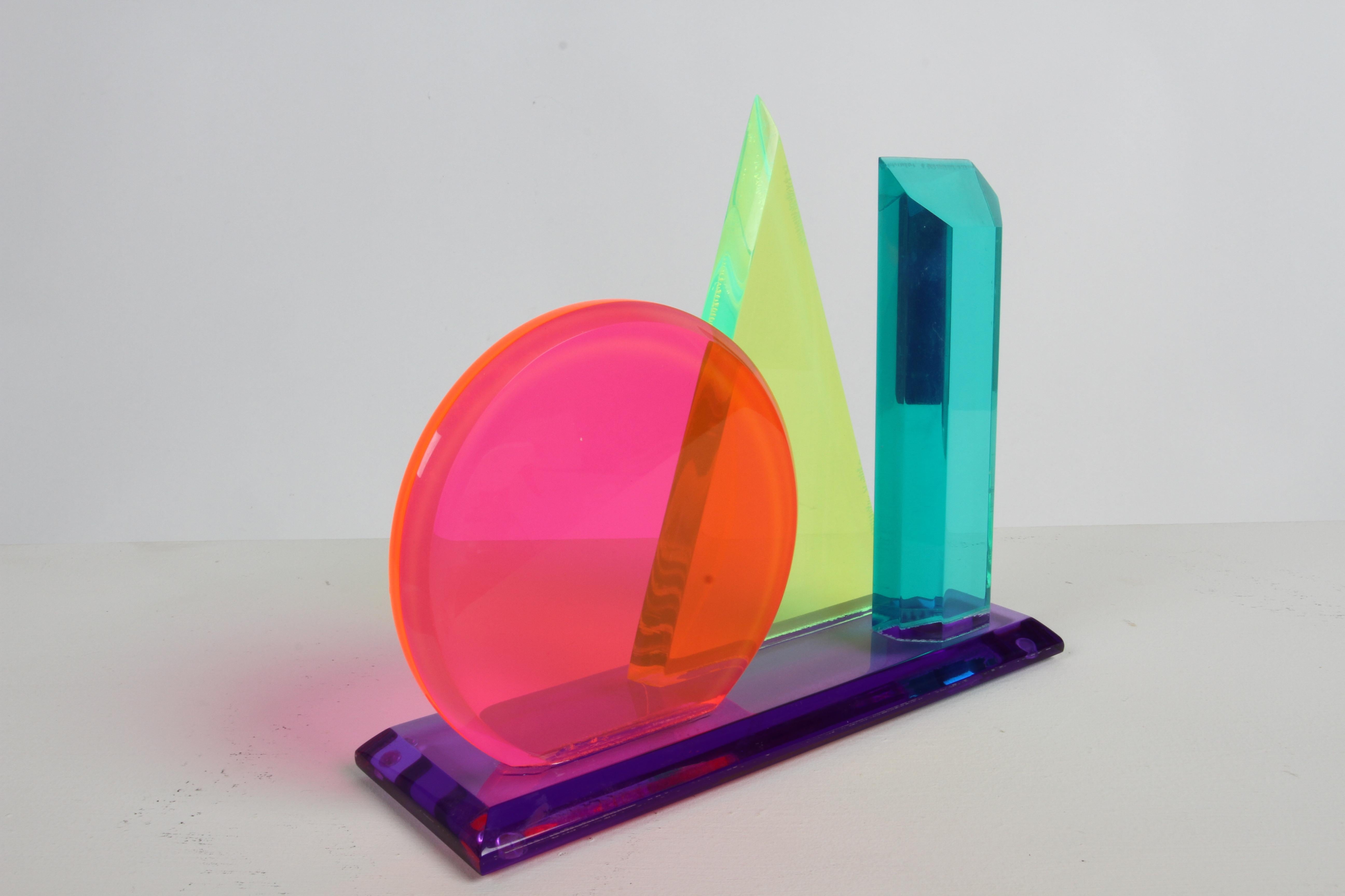 American 1980s Op-Art Multi Colored Lucite Sculpture of a Circle, Triange & Rectangle  For Sale