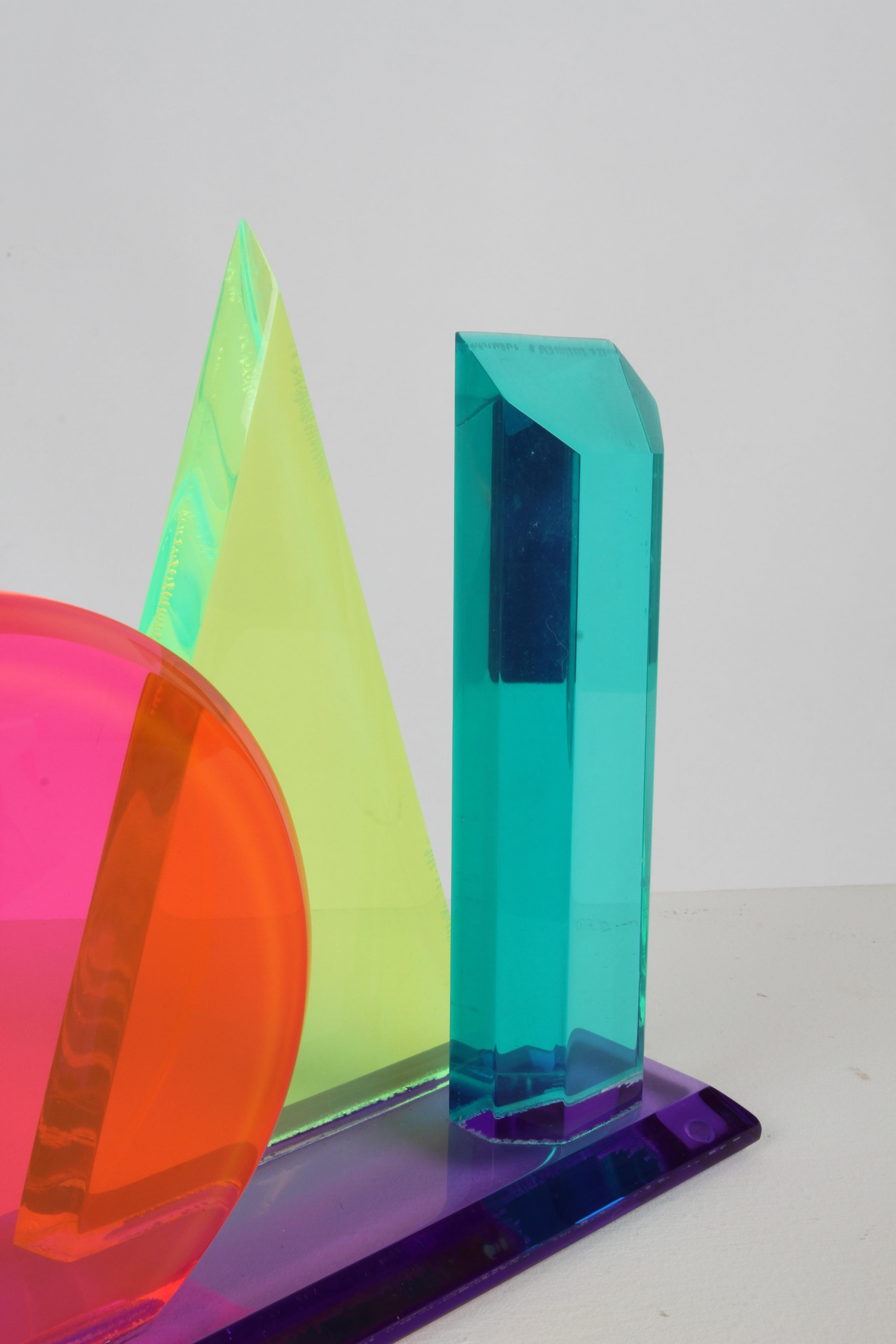 1980s Op-Art Multi Colored Lucite Sculpture of a Circle, Triange & Rectangle  In Good Condition For Sale In St. Louis, MO